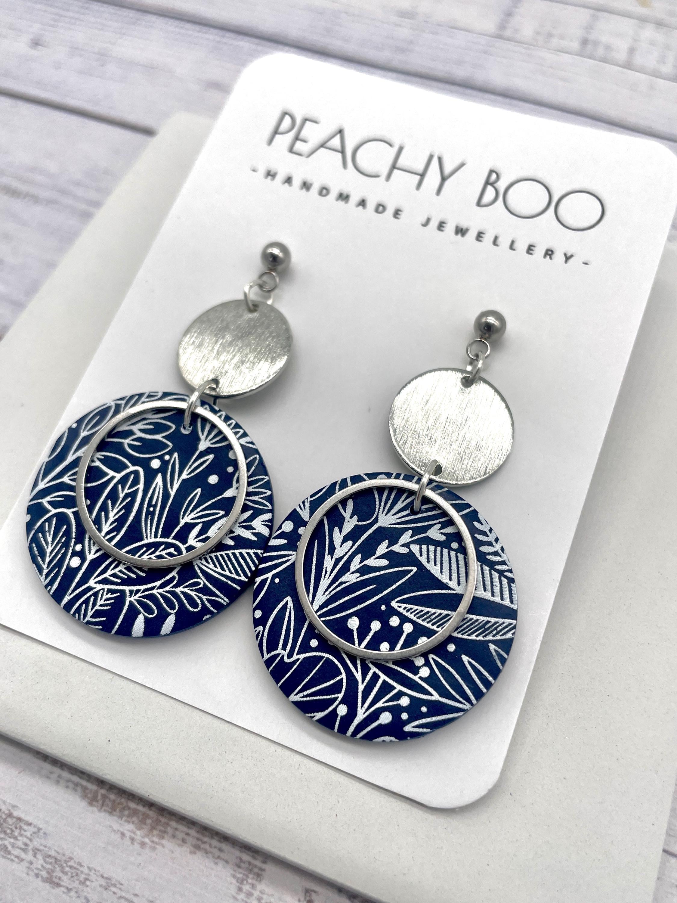 Floral Polymer Clay Dangle Earrings: Navy, White and Silver Handmade Jewellery