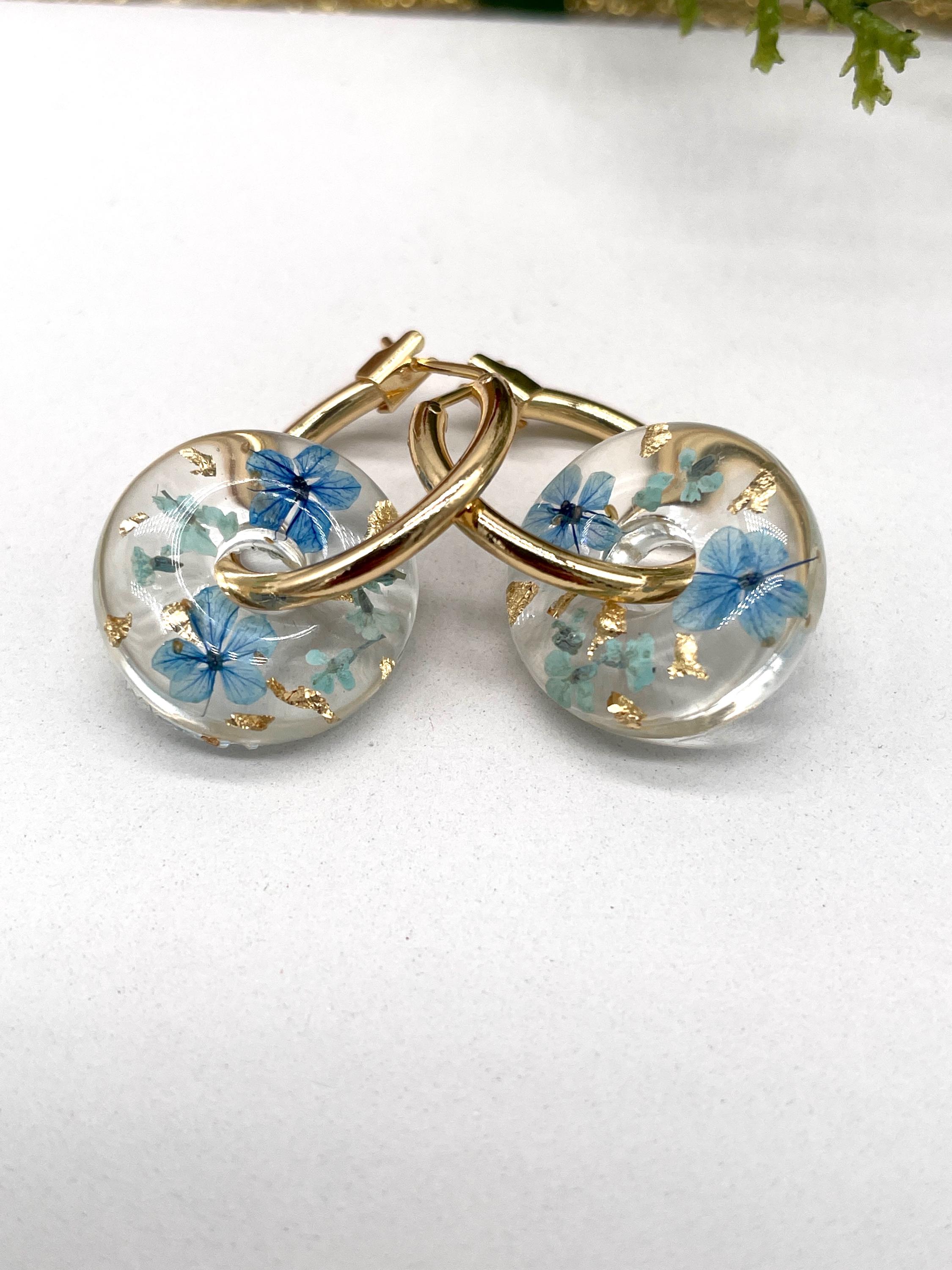 Real Dried Flower and Resin Doughnut Hoops in Blue and Gold