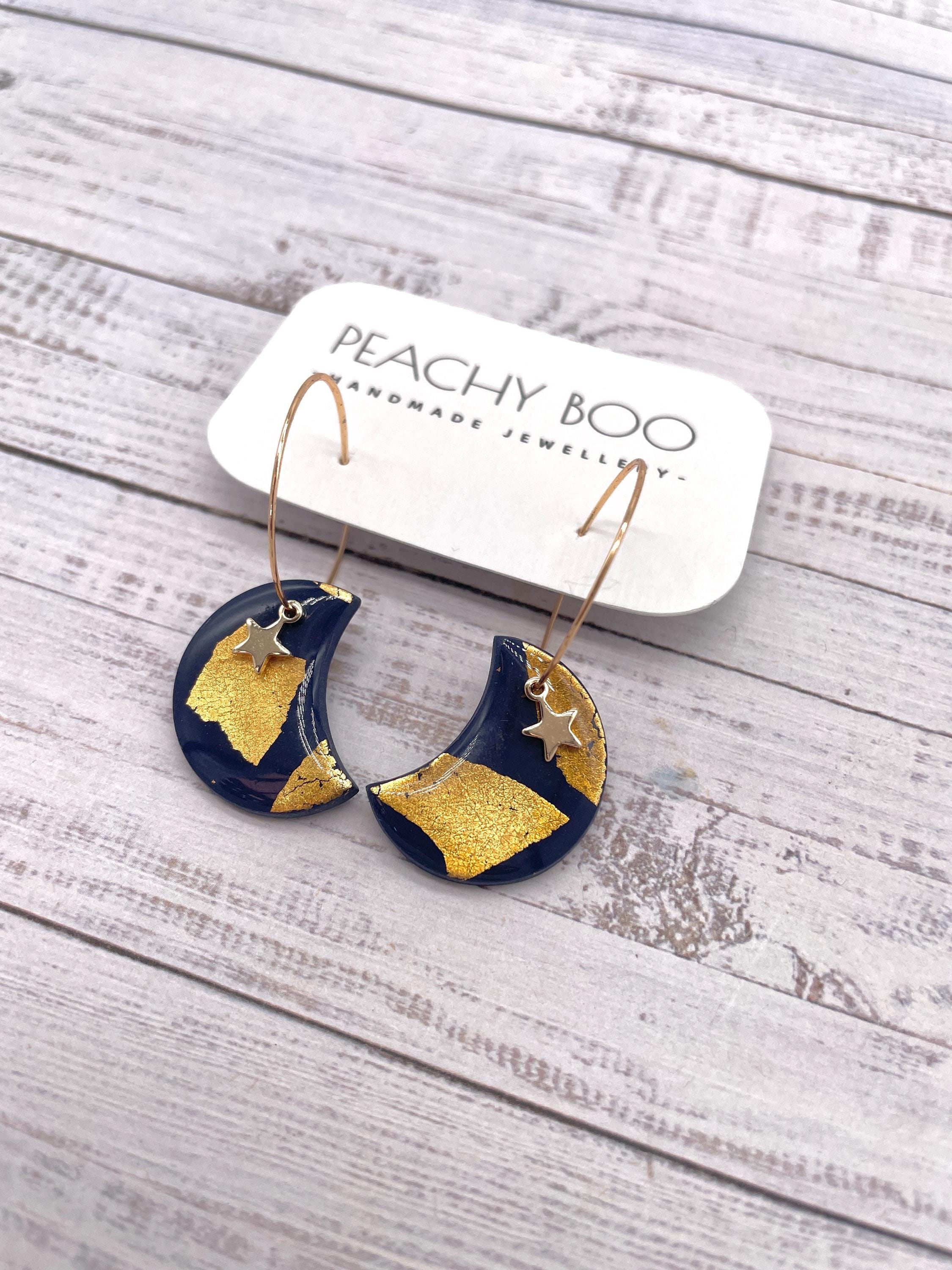 Hoop Earrings | Moon and Star Earrings | Polymer Clay Statement Earrings | Navy Blue and Gold Earrings |Handmade - Thumbnail 3