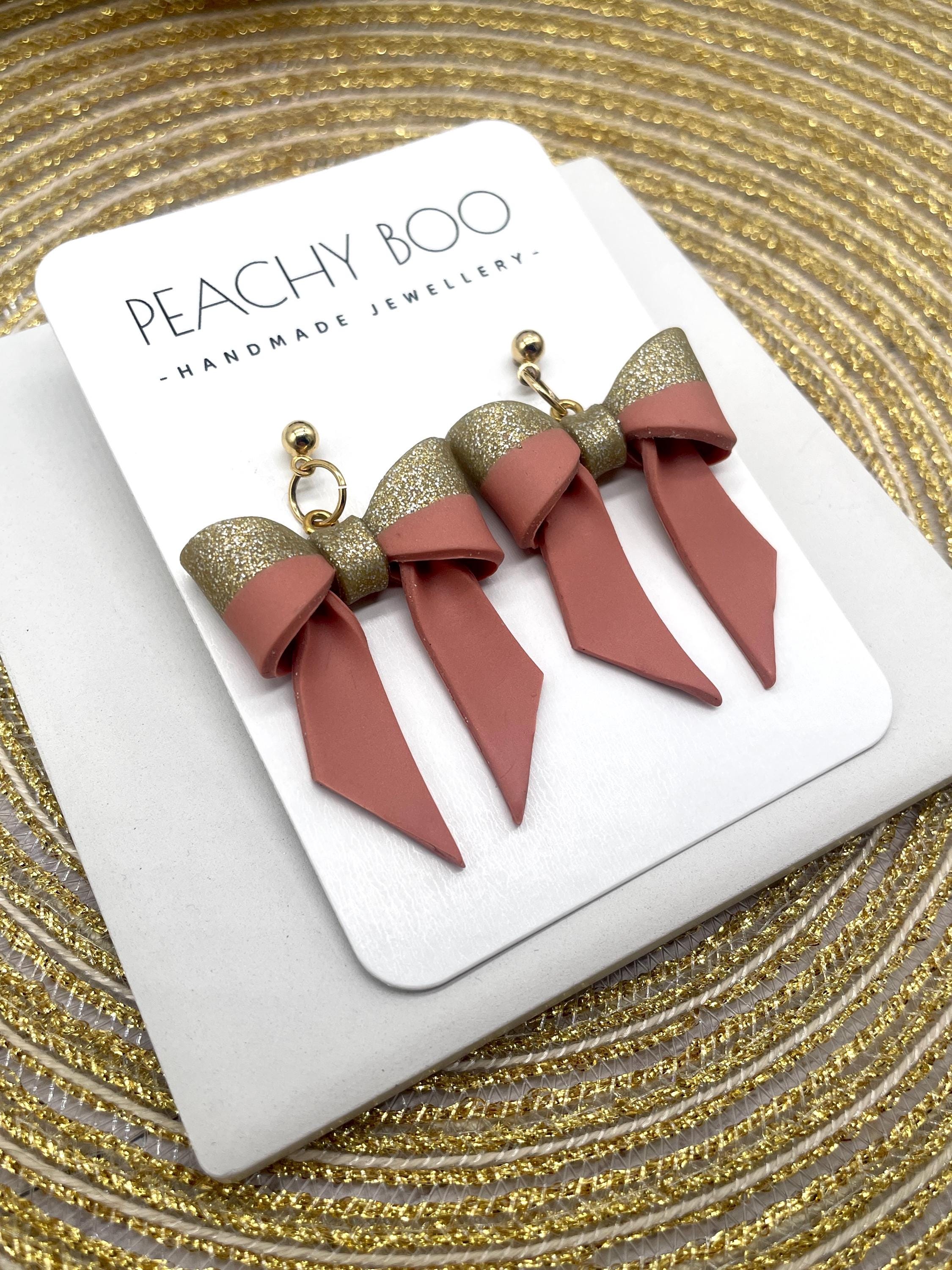 Bow Studs | Polymer Clay Statement Earrings | Pink and Gold Earrings | Handmade - Thumbnail 4