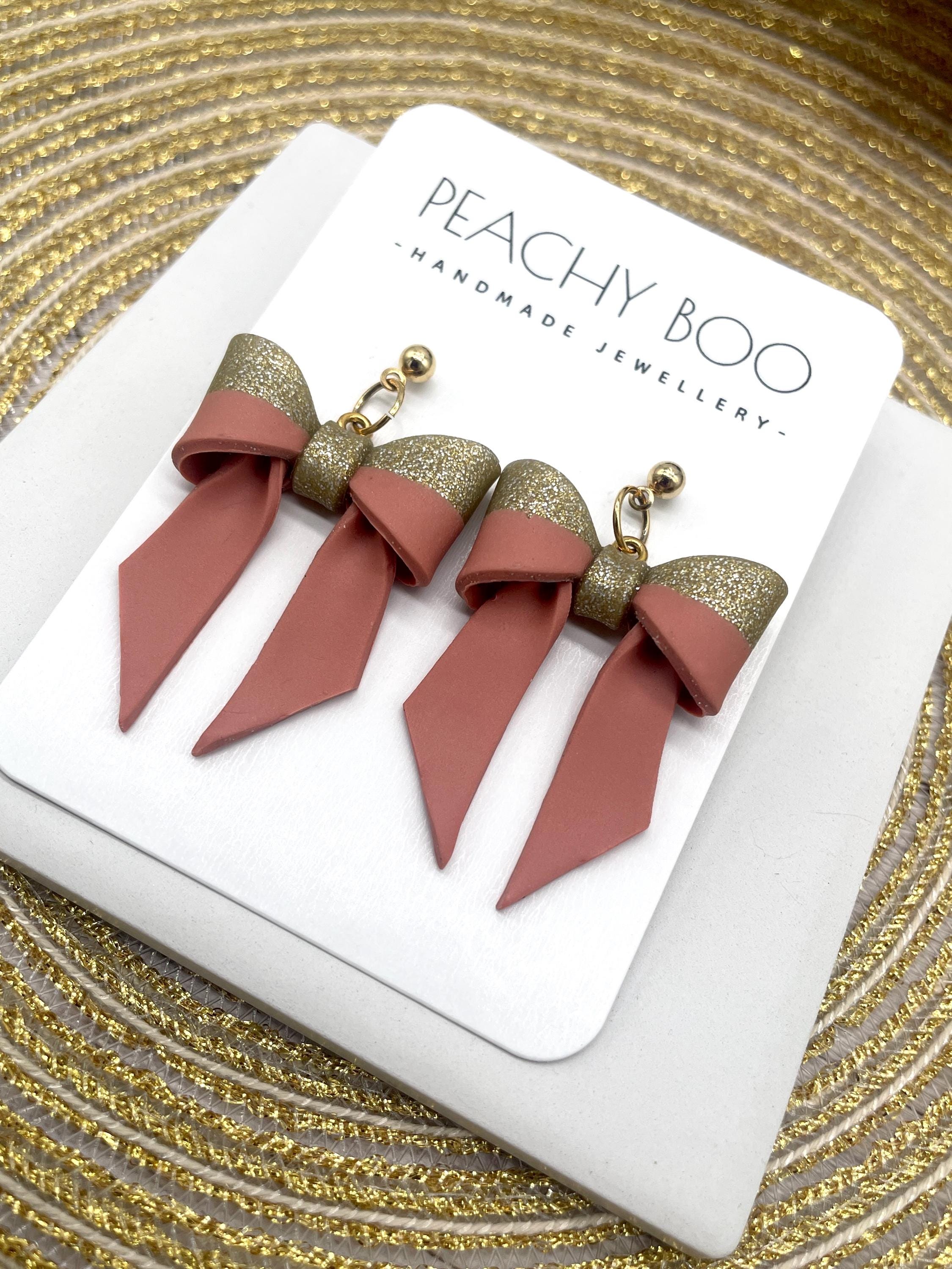 Bow Studs | Polymer Clay Statement Earrings | Pink and Gold Earrings | Handmade