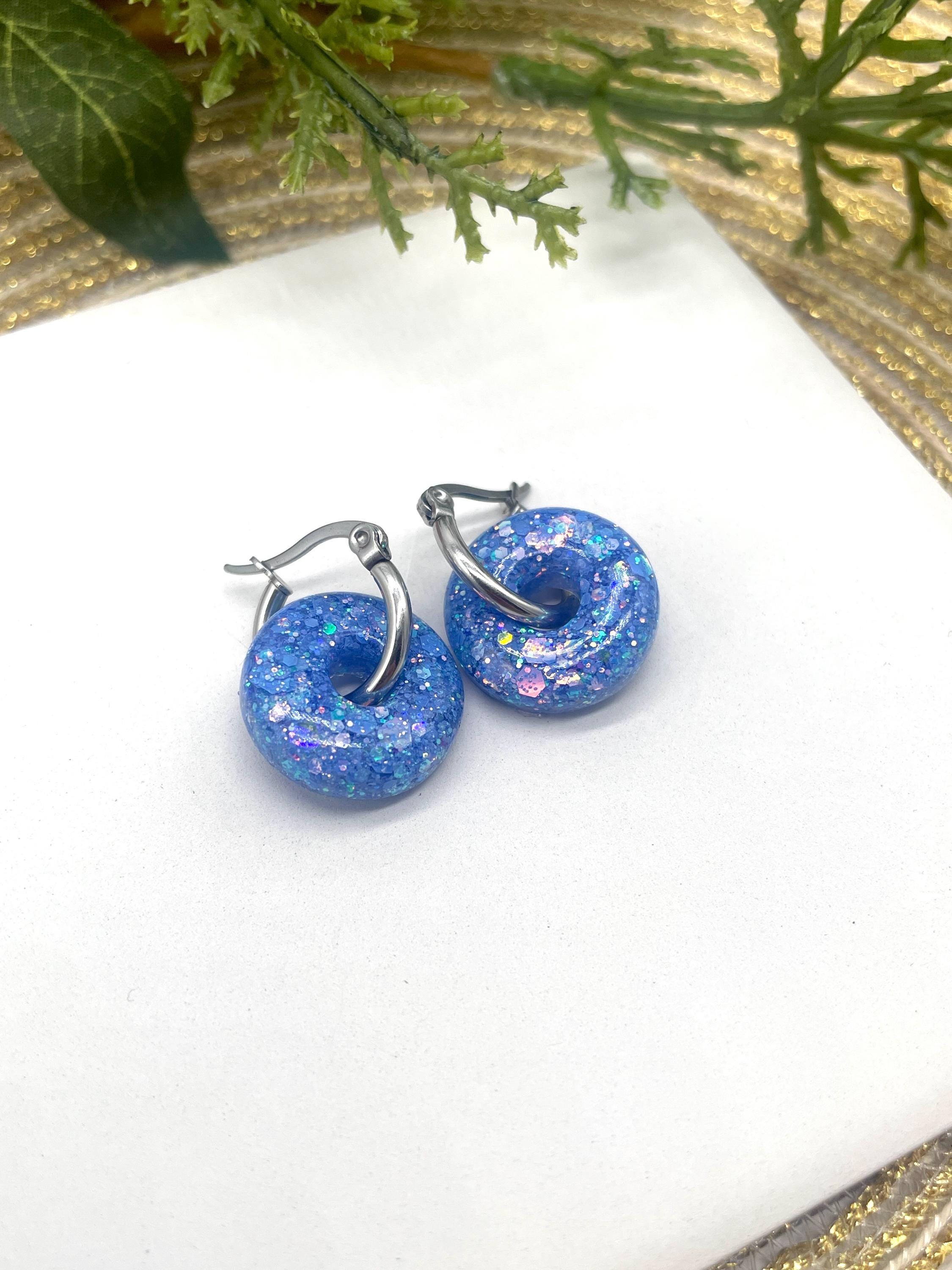 Resin Doughnut Hoops in Blue Glitter - Thumbnail 2