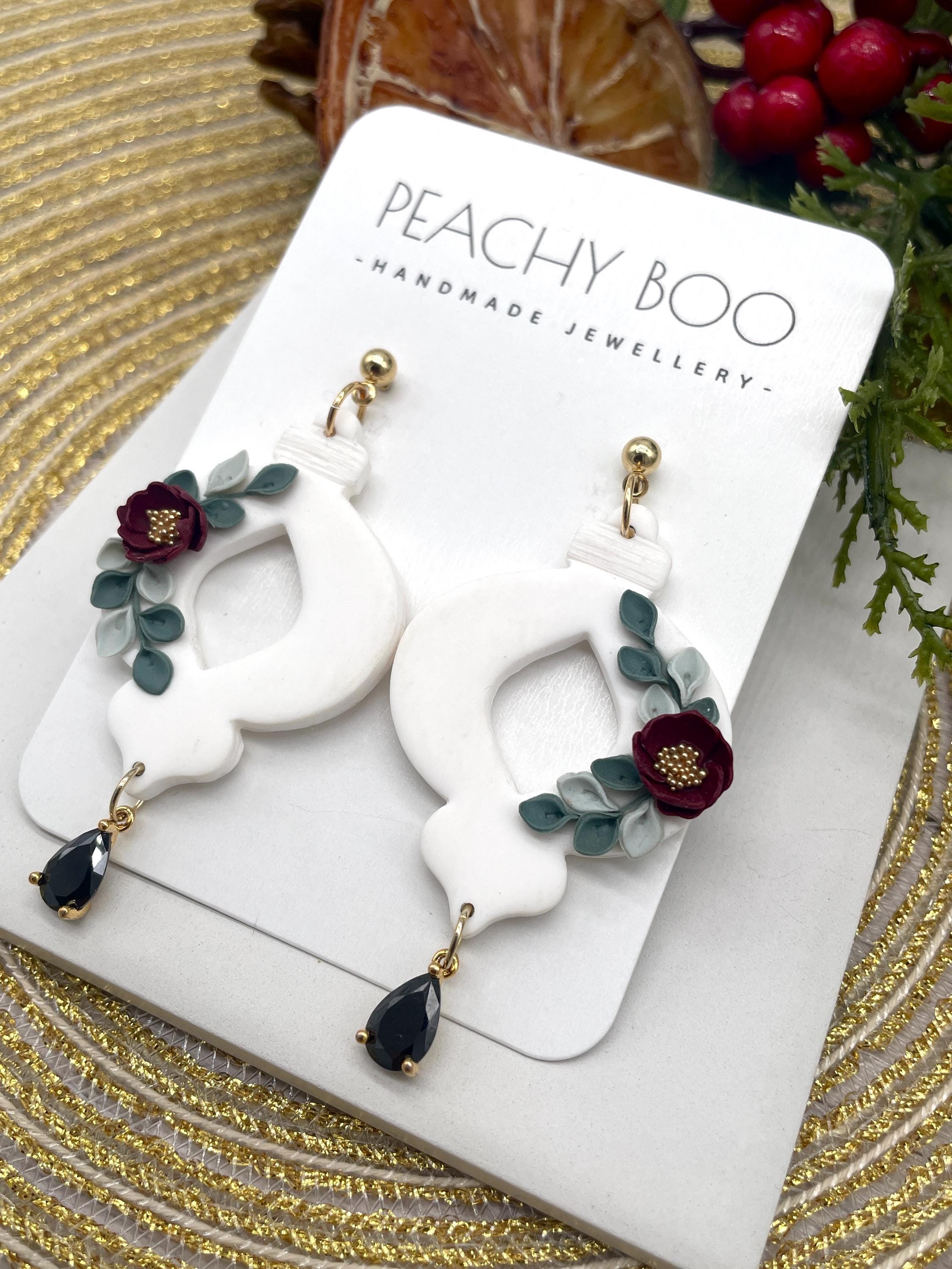 Bauble Polymer Clay Earrings| Statement Polymer Clay Earrings | White, Red and Gold Earrings | Handmade - Thumbnail 4