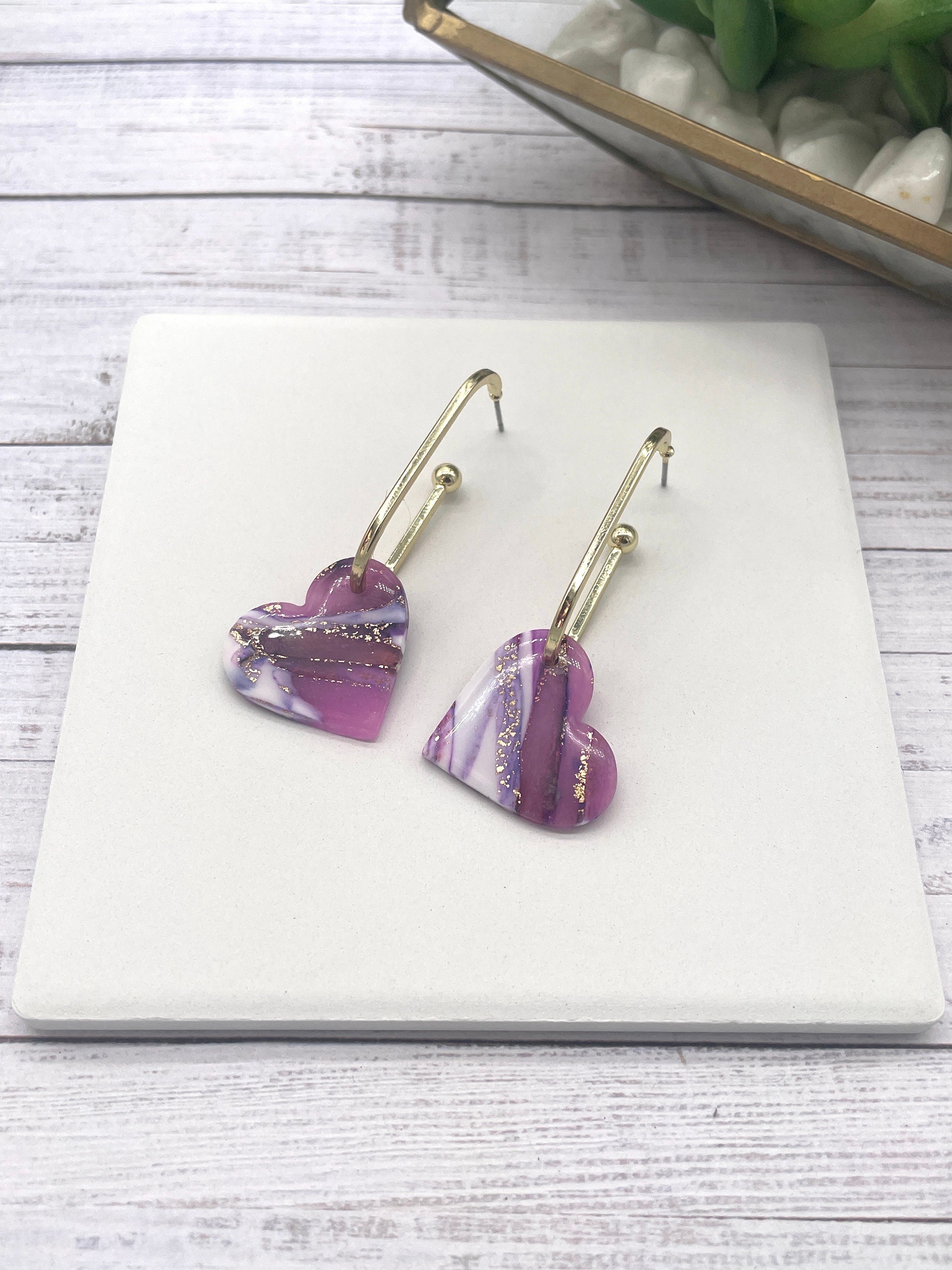 Handmade Polymer Clay Heart Dangle Earrings: Purple, White & Gold - Thumbnail 3