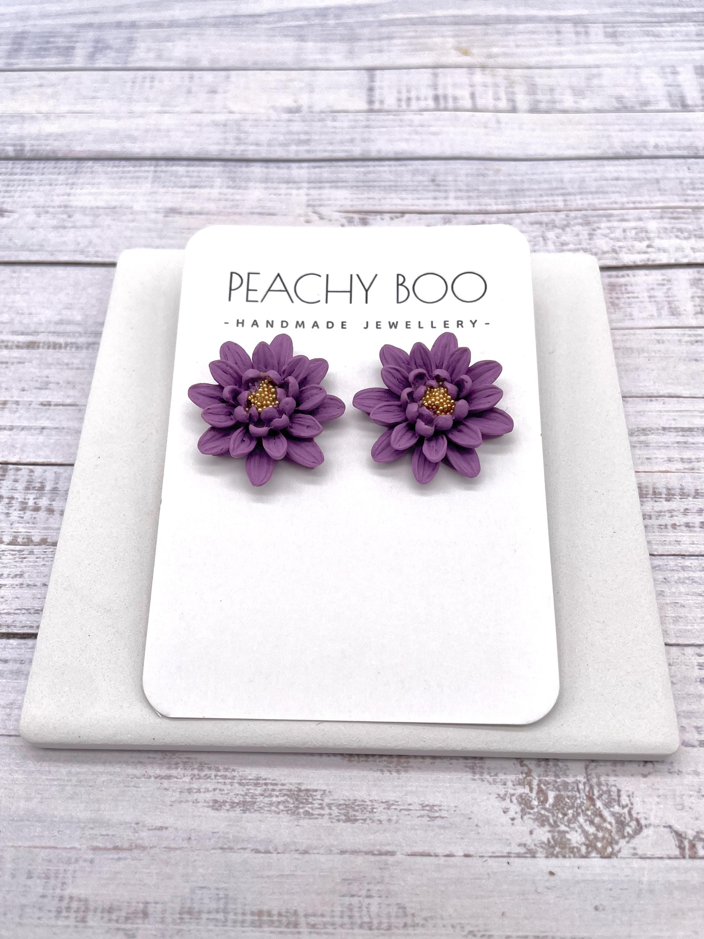 Handmade Purple Flower Stud Earrings: Polymer Clay Jewellery - Thumbnail 2
