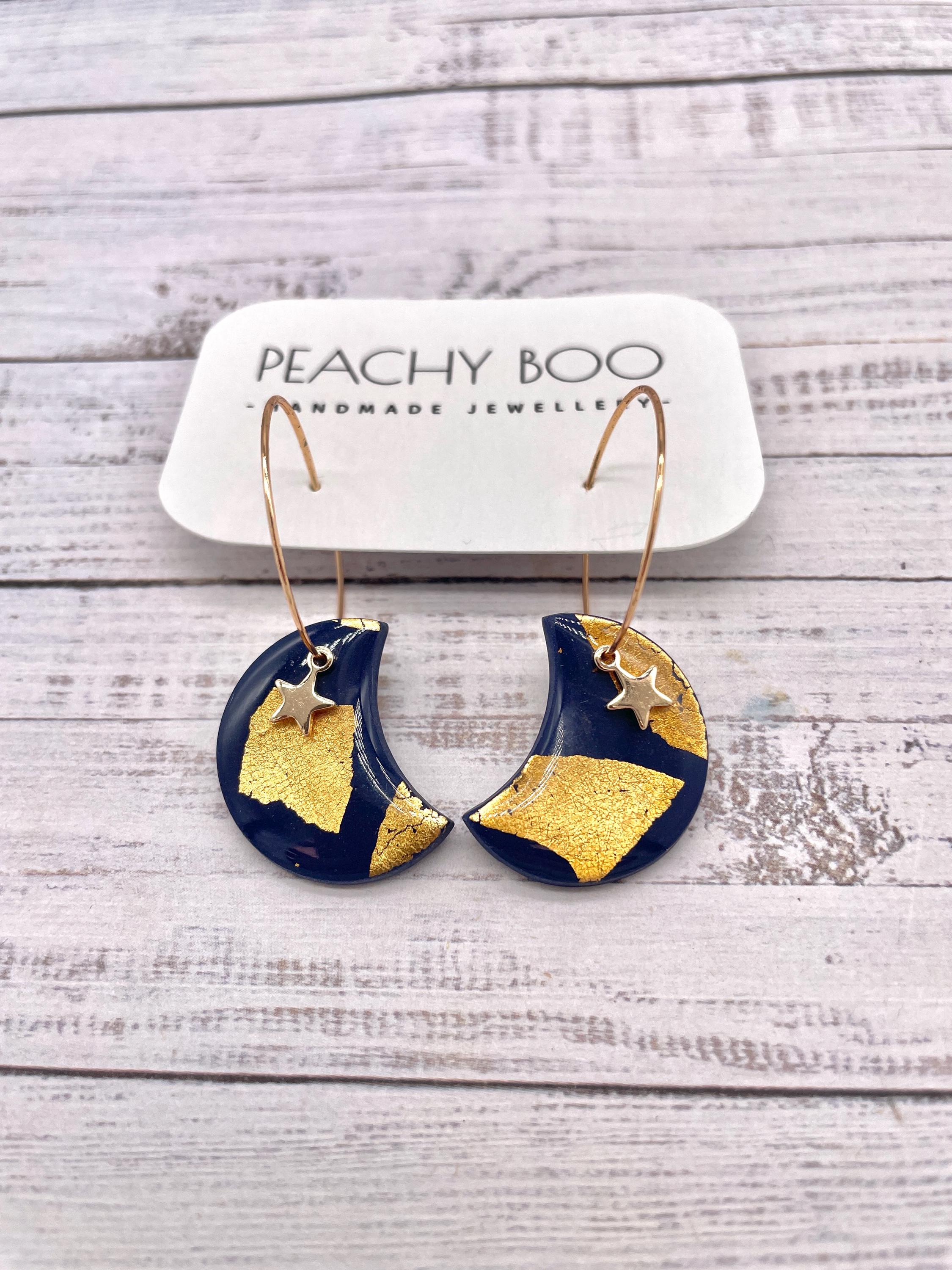 Hoop Earrings | Moon and Star Earrings | Polymer Clay Statement Earrings | Navy Blue and Gold Earrings |Handmade - Thumbnail 2