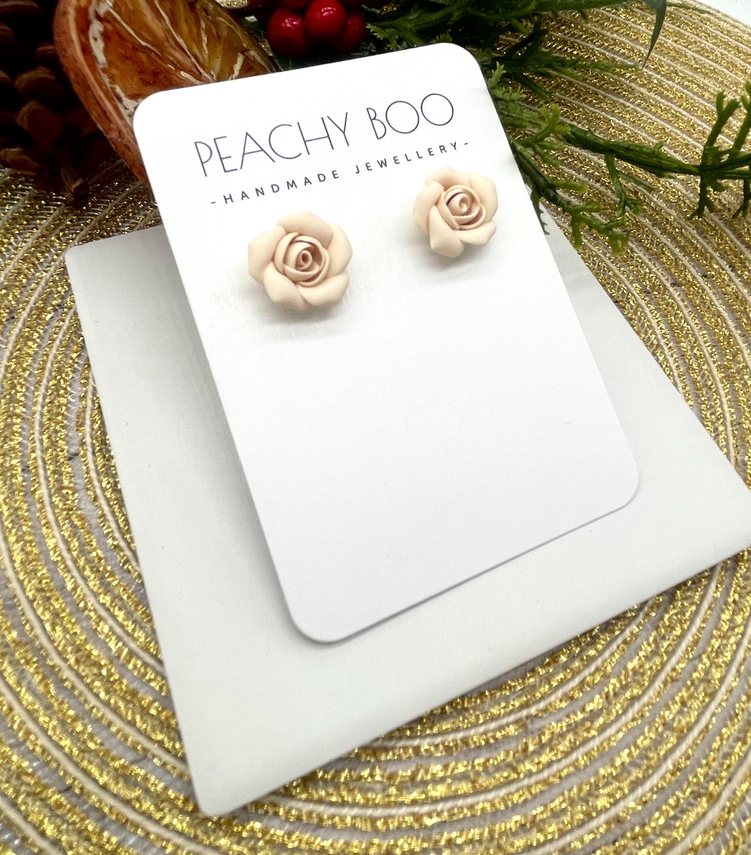 Rose Stud Earrings | Polymer Clay Statement Earrings | Cream Earrings | Handmade - Thumbnail 3