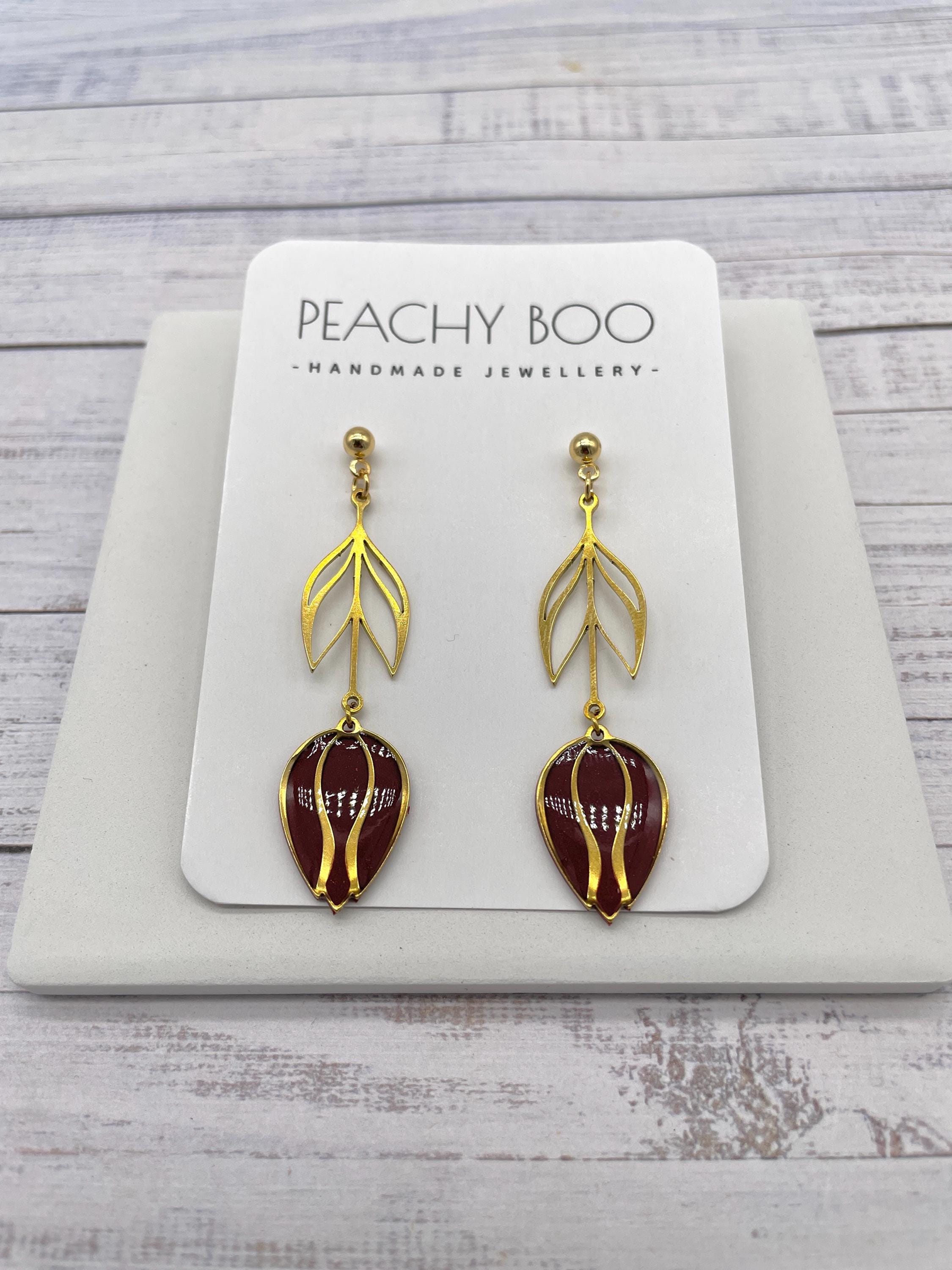 Art Deco Tulip Earrings: Red & Gold Polymer Clay, Handmade - Thumbnail 2
