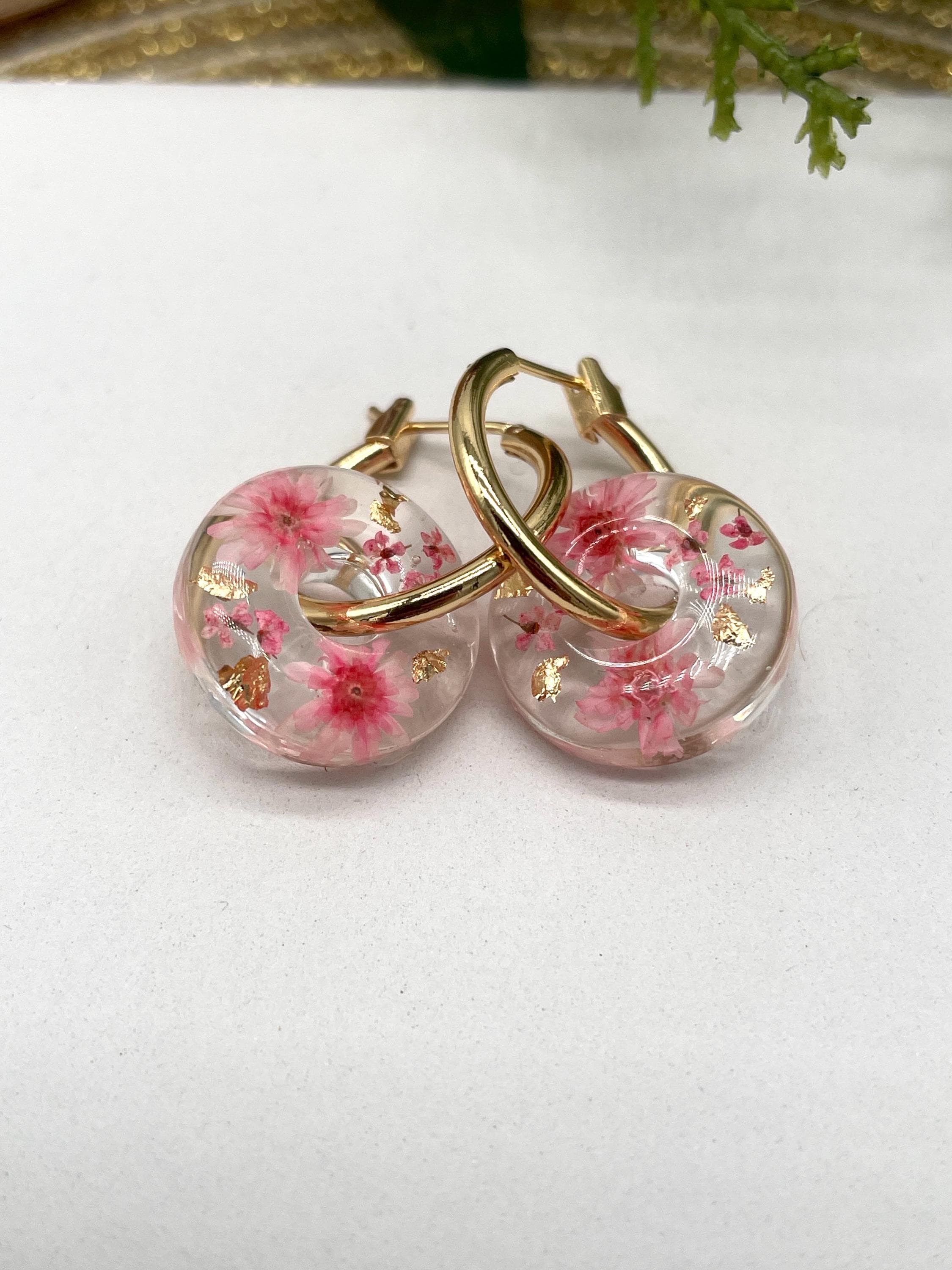 Real Dried Flower and Resin Doughnut Hoops in Pink and Gold