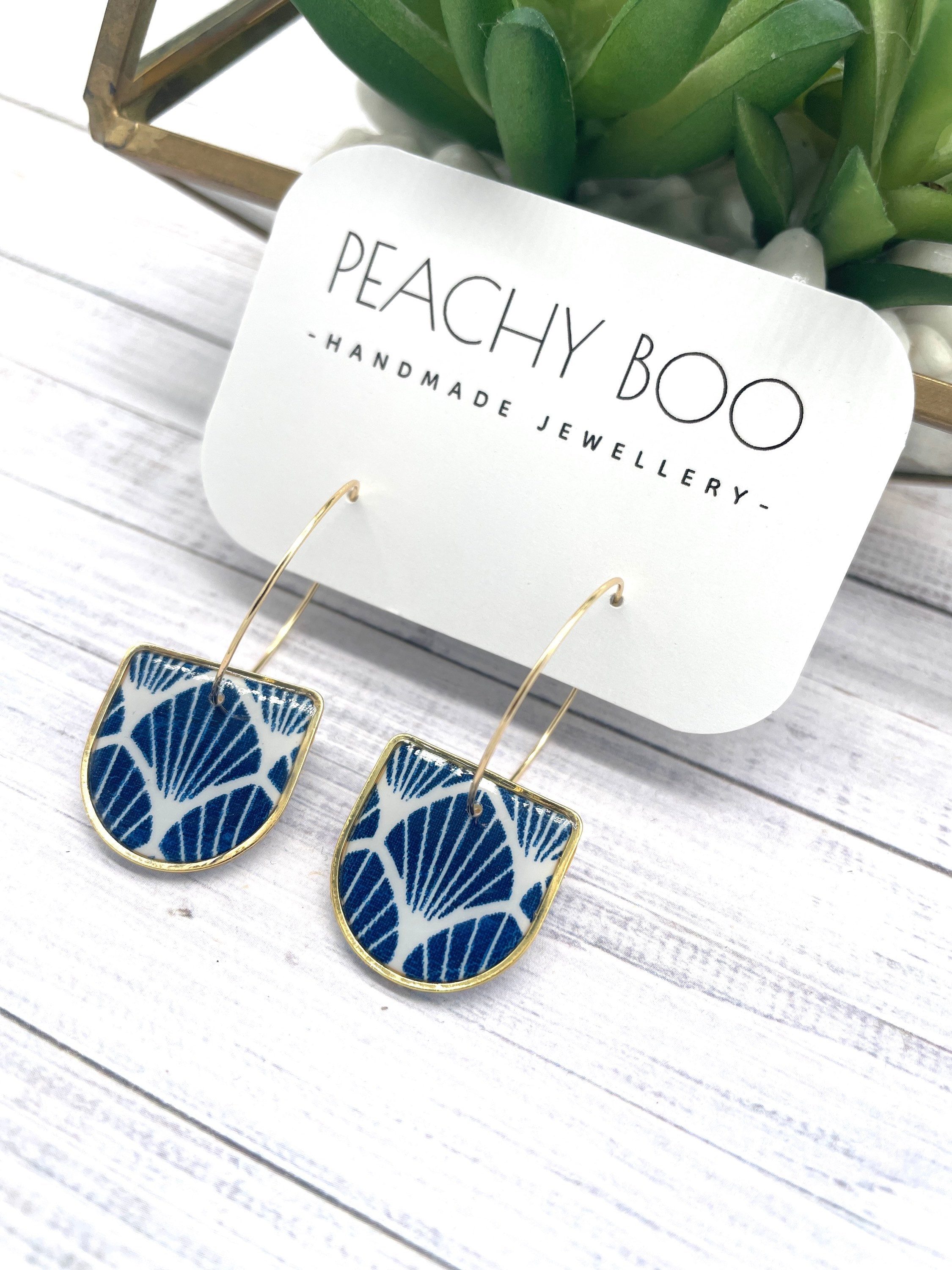 Blue and White Hoop Earrings | Polymer Clay Statement Earrings | Handmade - Thumbnail 2