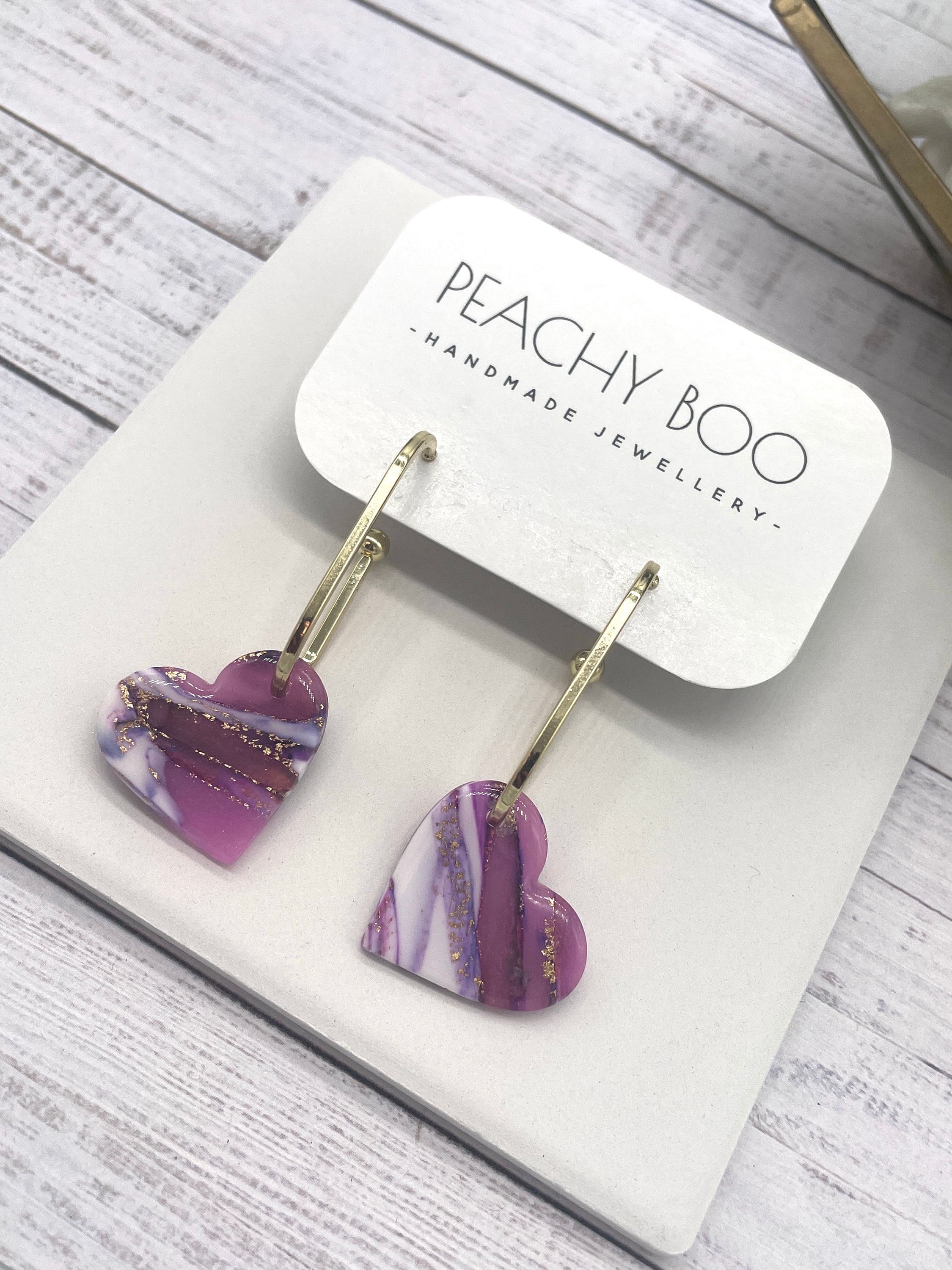 Handmade Polymer Clay Heart Dangle Earrings: Purple, White & Gold