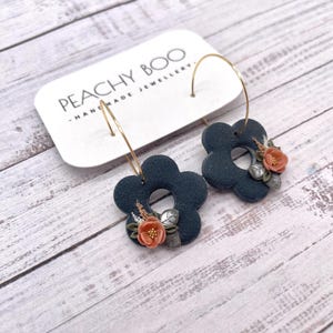 Handmade Navy Flower Earrings: Gold Plated Hoop, Polymer Clay