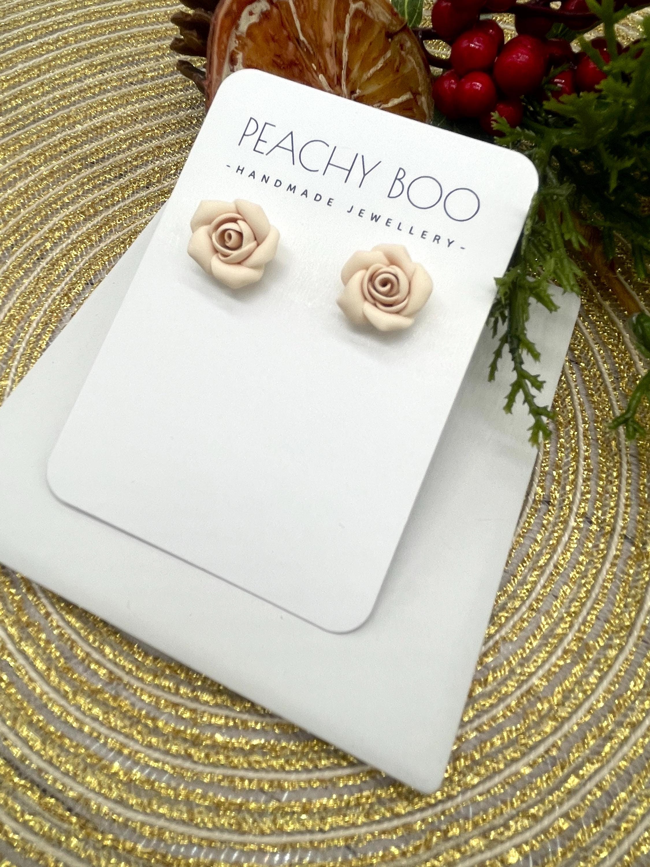 Rose Stud Earrings | Polymer Clay Statement Earrings | Cream Earrings | Handmade - Thumbnail 4