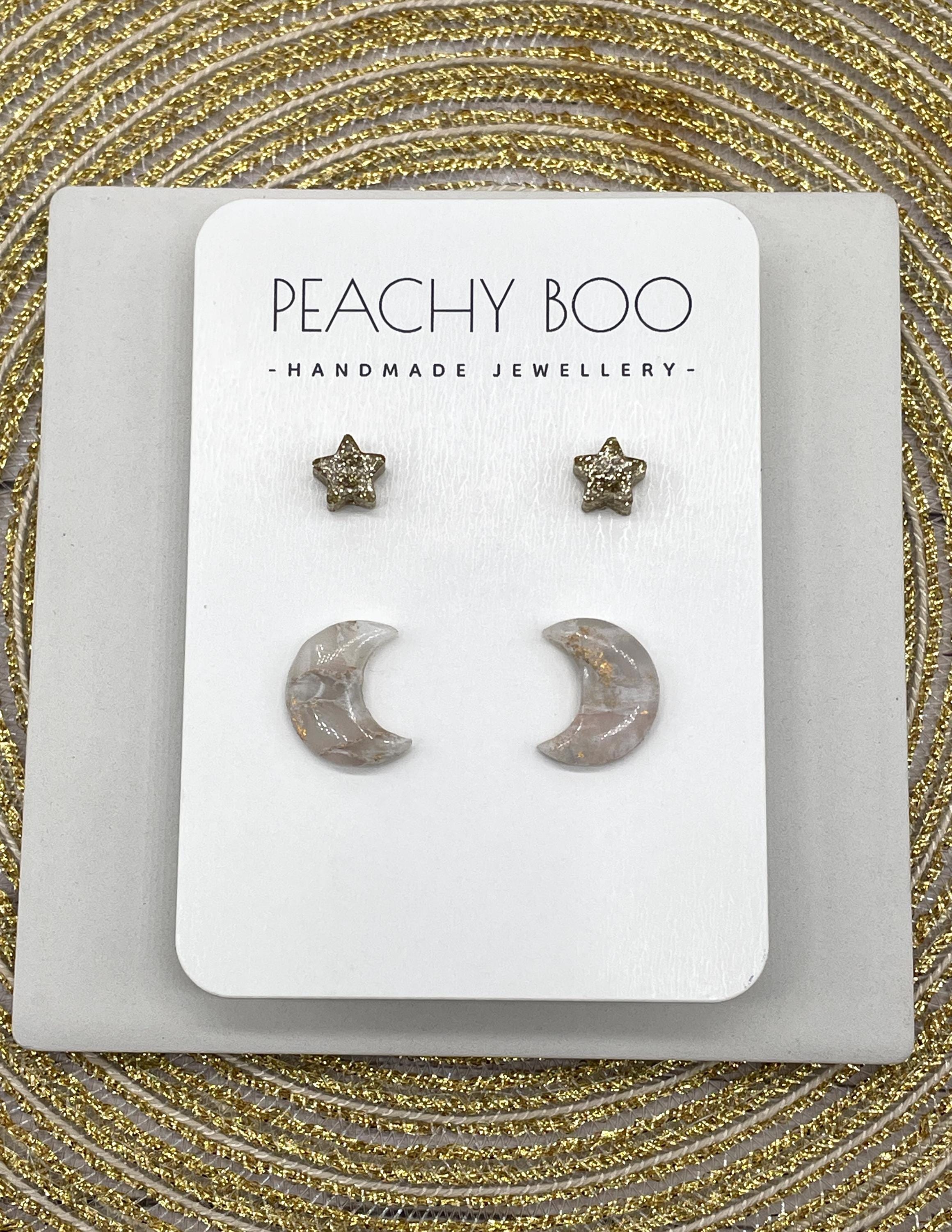 Stud Earring Pack | Polymer Clay and Resin Statement Earrings | Star Studs in Gold | Moon Studs in White and Gold | Handmade