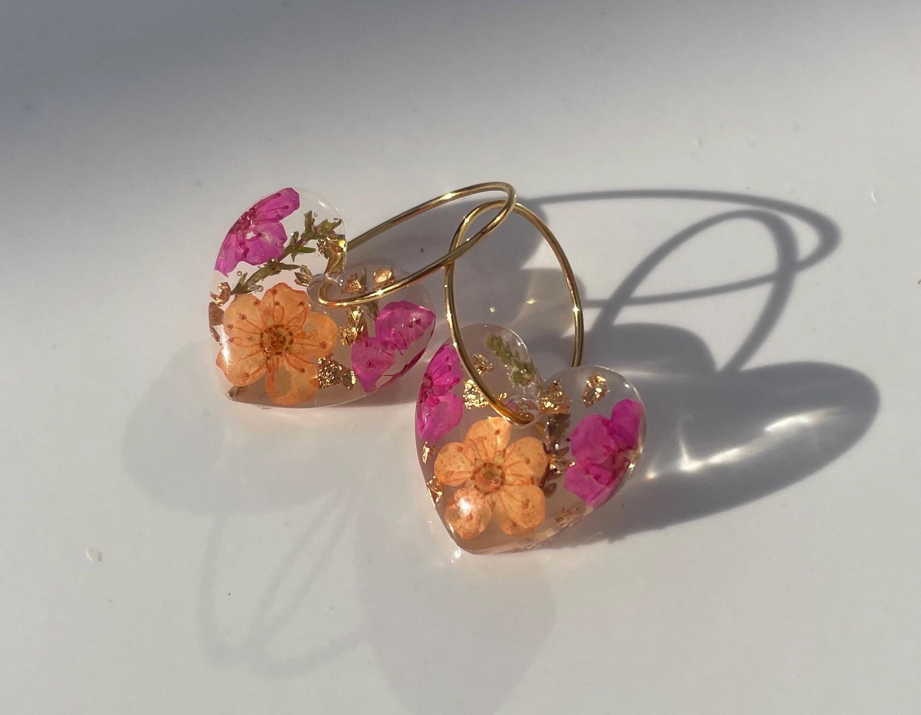 Real Dried Flower and Resin Heart Hoops: Pink and Orange.