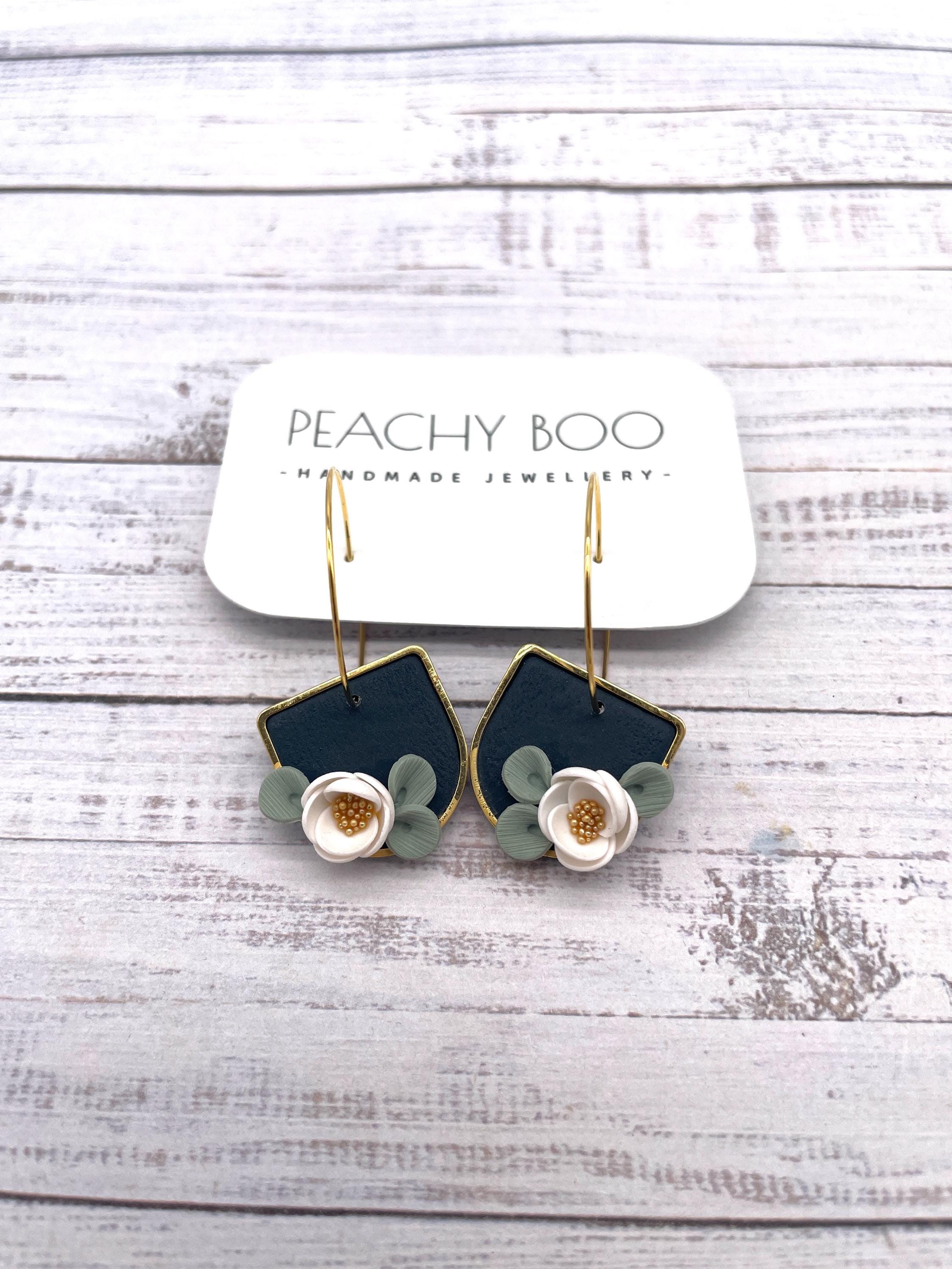 Handmade Floral Polymer Clay Earrings: Gold Plated Navy & White Hoops - Thumbnail 3
