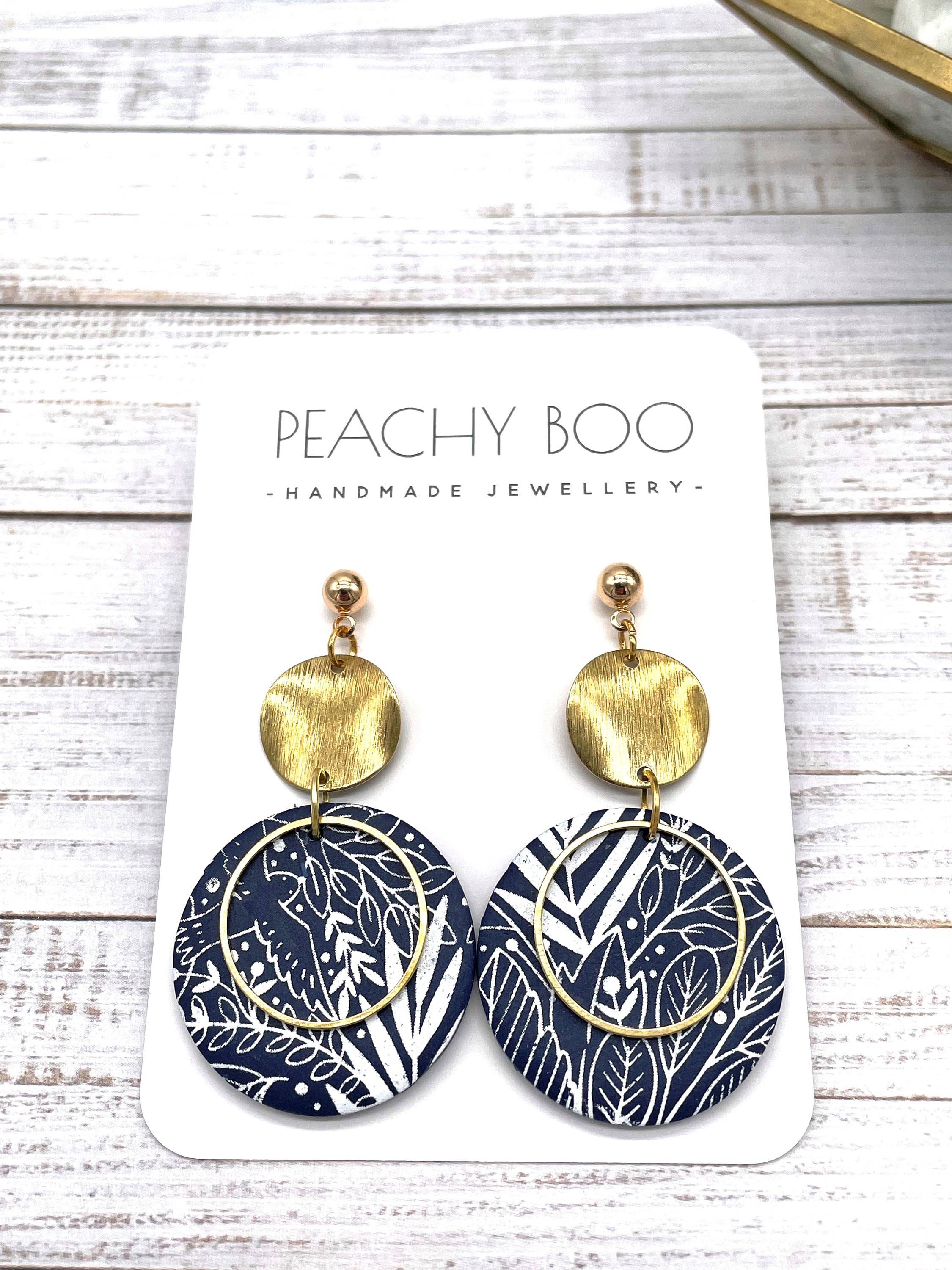 Floral Polymer Clay Dangle Earrings: Navy and White Statement Jewellery - Thumbnail 2