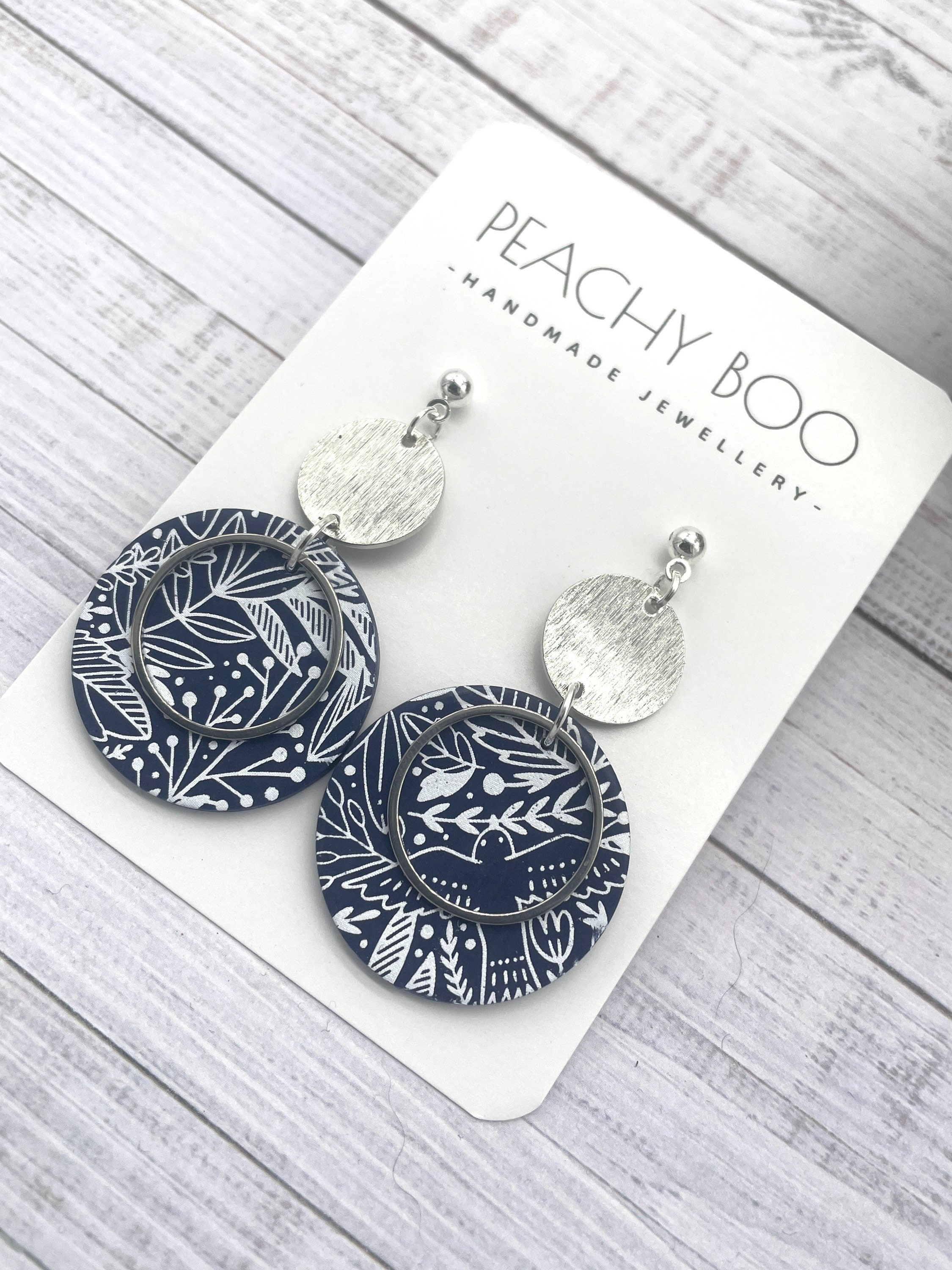 Floral Polymer Clay Dangle Earrings: Navy, White and Silver Handmade Jewellery - Thumbnail 2
