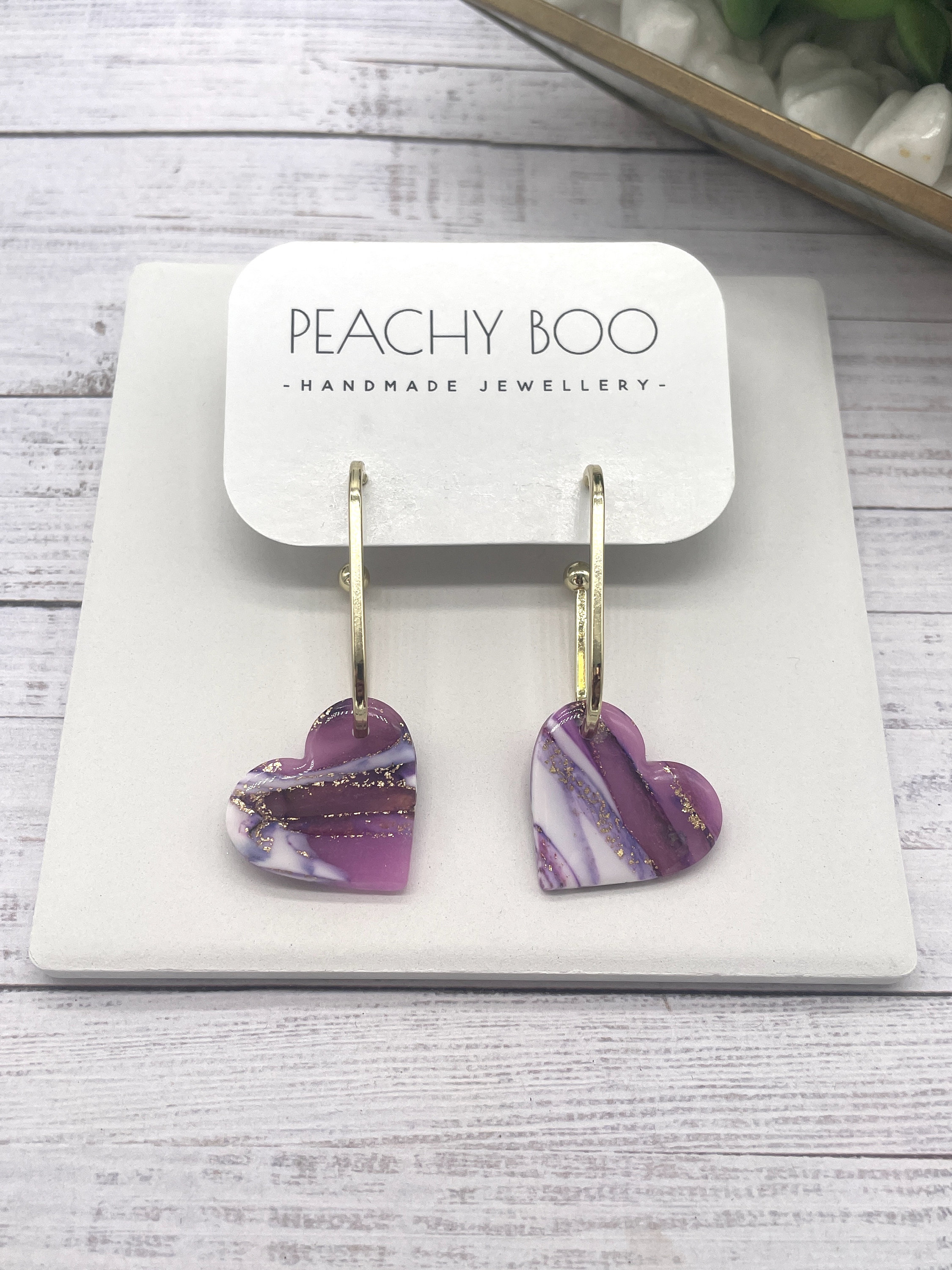 Handmade Polymer Clay Heart Dangle Earrings: Purple, White & Gold - Thumbnail 2