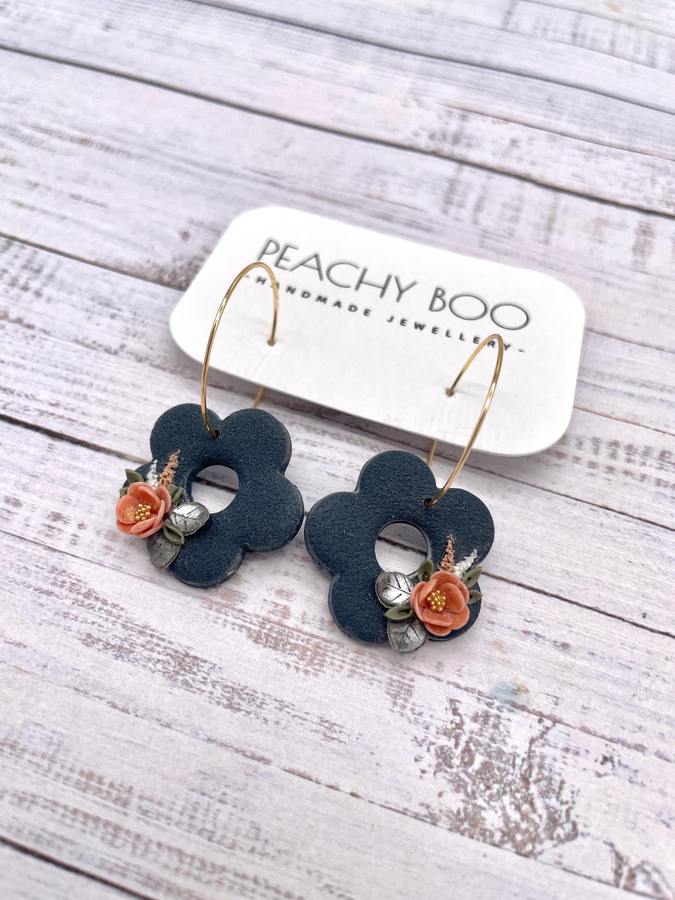 Handmade Navy Flower Earrings: Gold Plated Hoop, Polymer Clay - Thumbnail 3