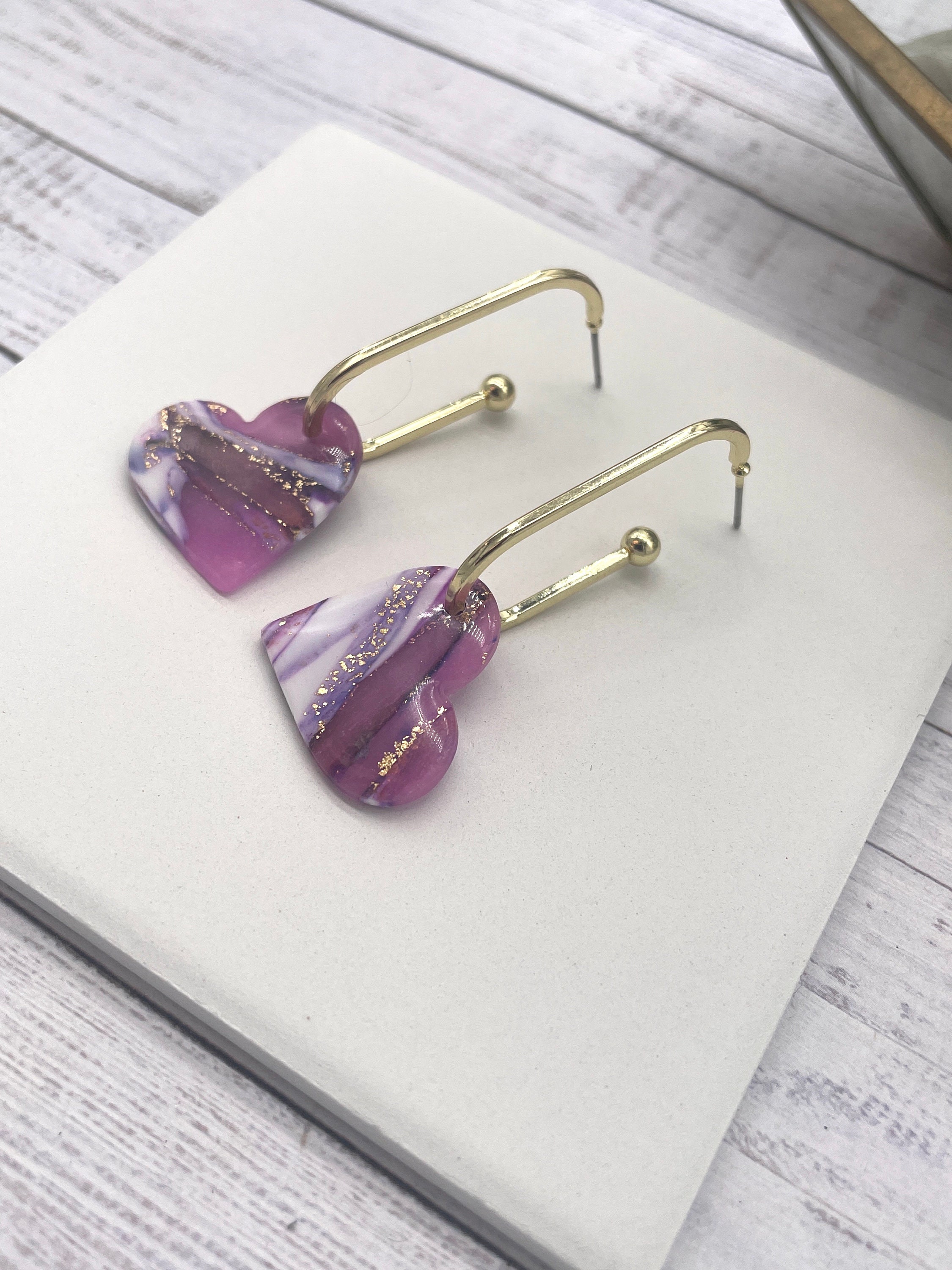 Handmade Polymer Clay Heart Dangle Earrings: Purple, White & Gold - Thumbnail 4