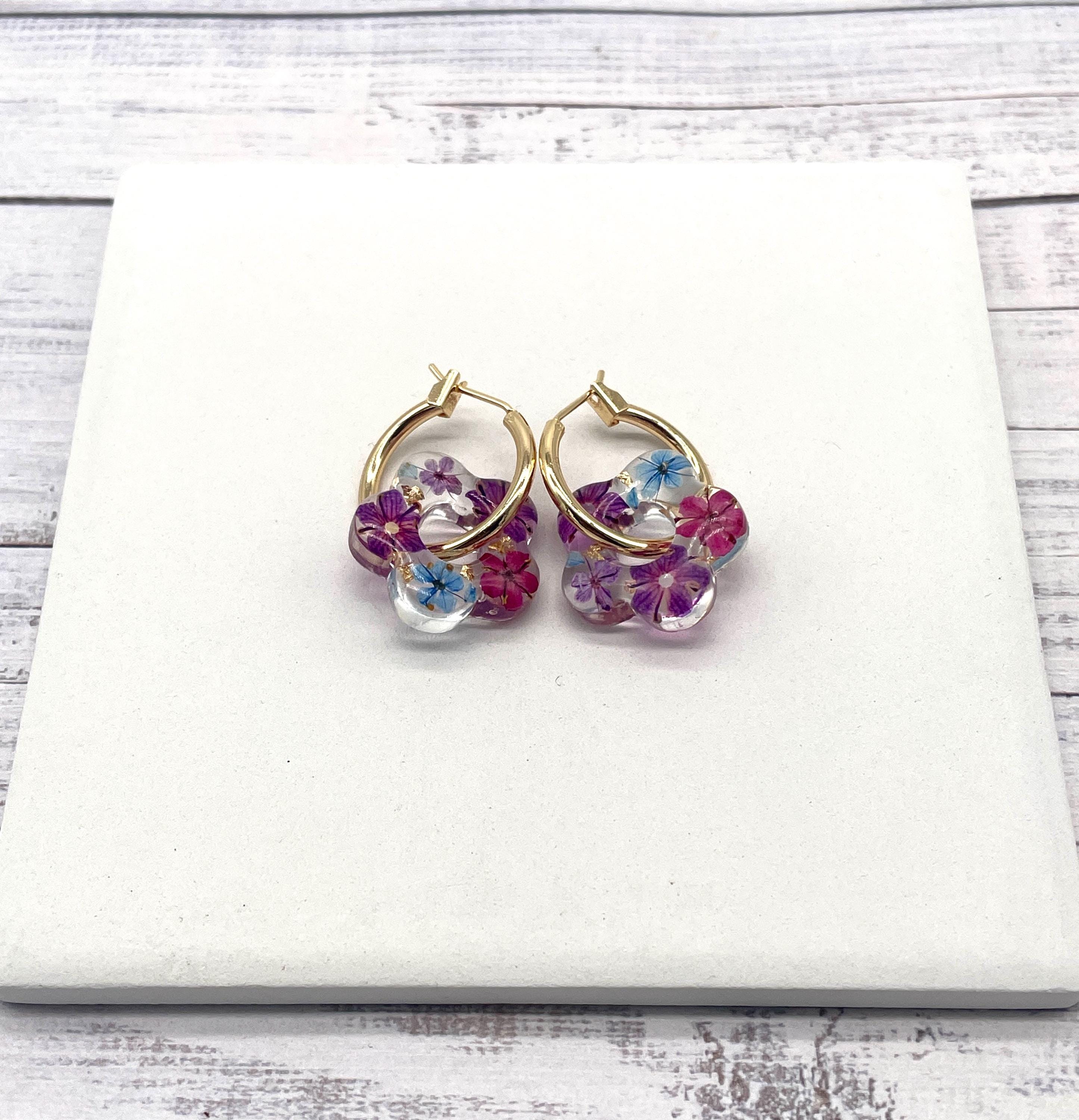 Real Dried Flower Resin Hoop Earrings: Purple, Pink & Blue - Thumbnail 2