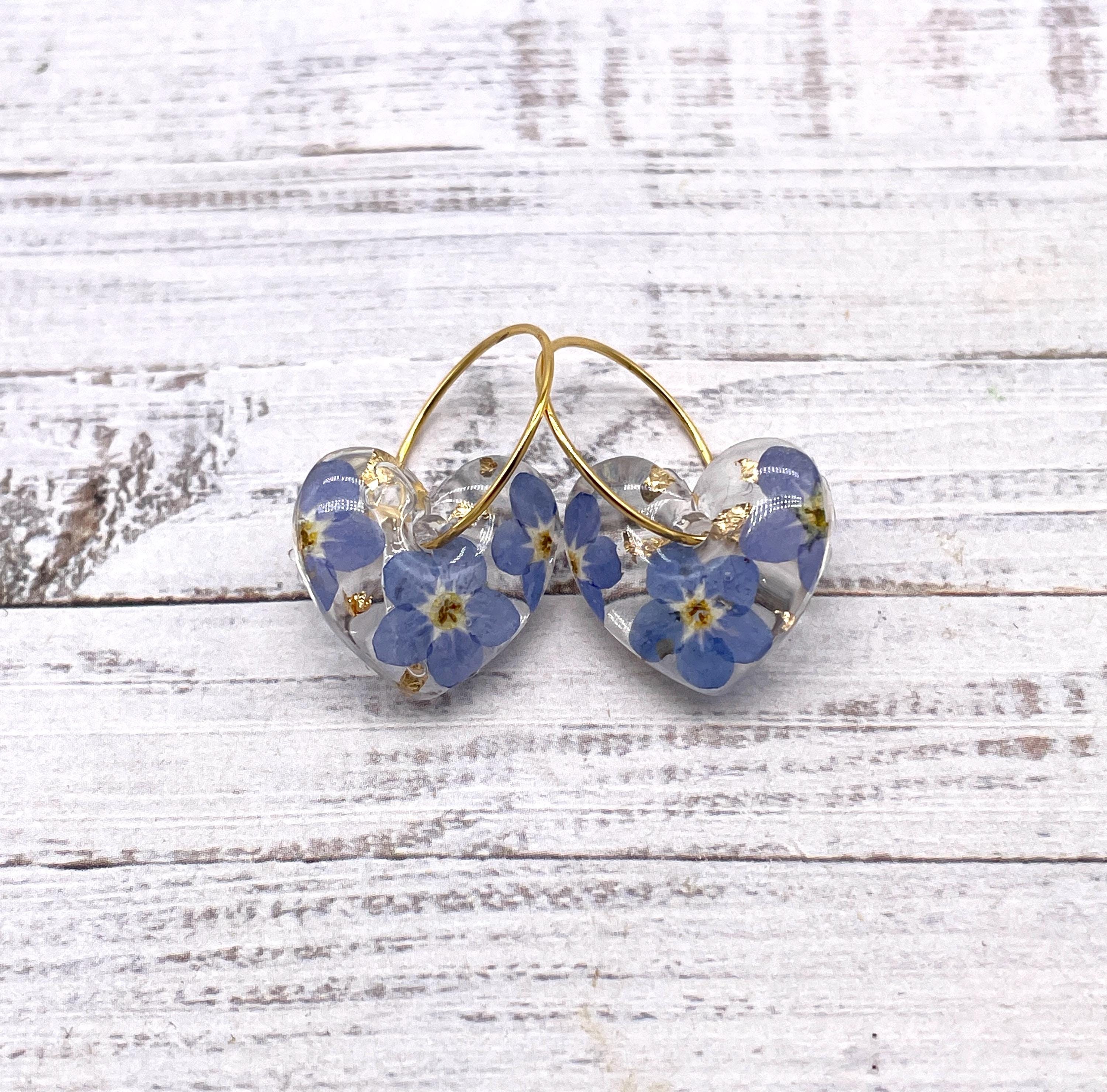 Real Dried Flower and Resin Heart Hoops: Forget-Me-Not Blue