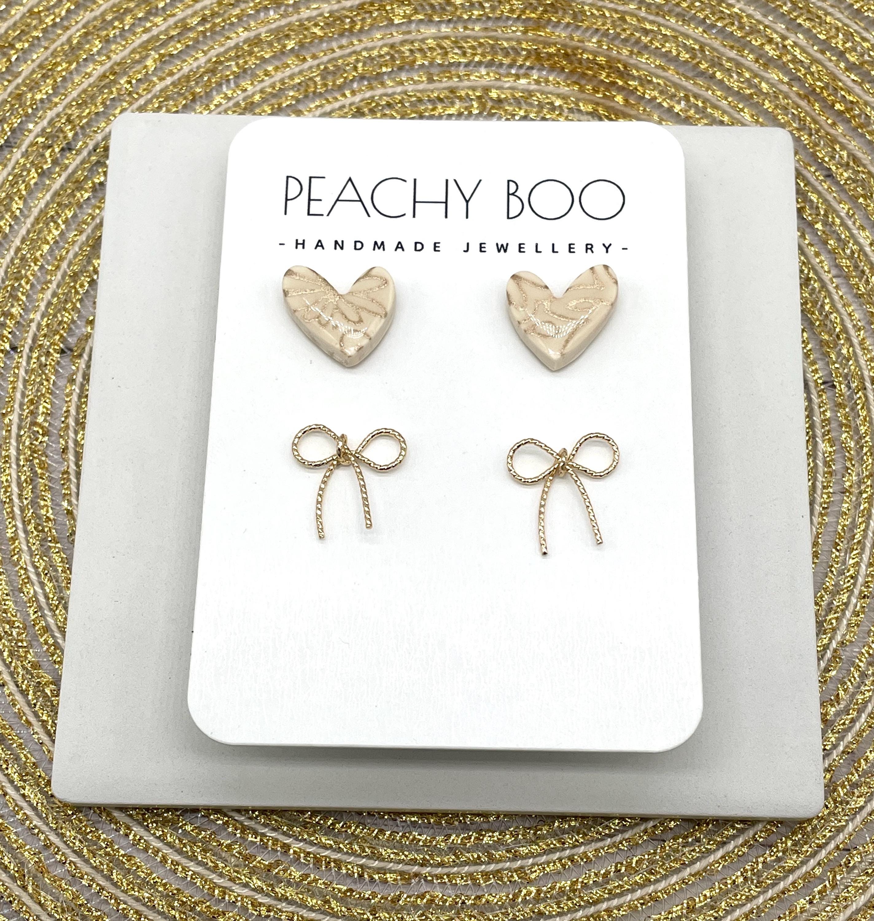 Stud Earring Pack | Polymer Clay Statement Earrings | Heart Studs | Gold Bow Studs | Handmade - Thumbnail 3