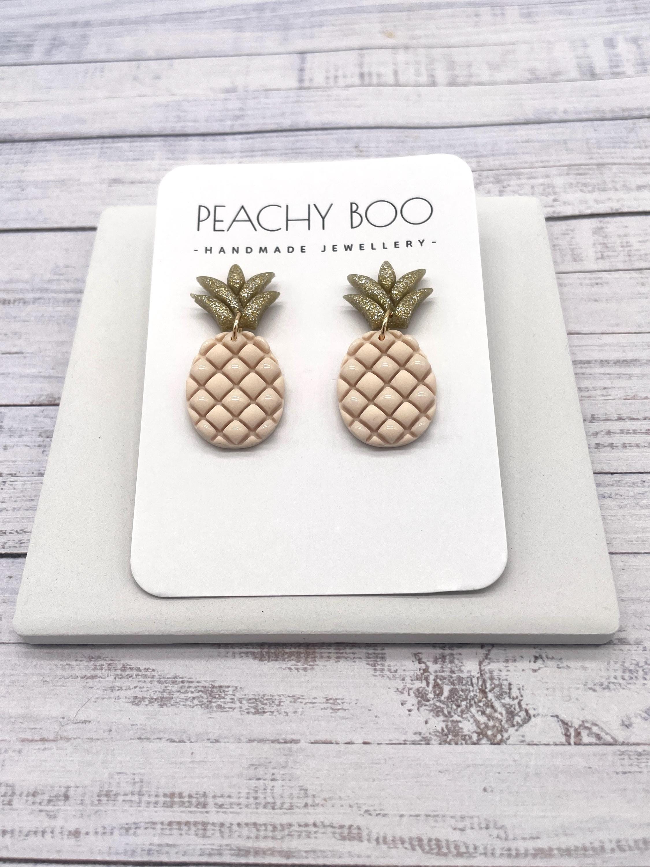 Handmade Pineapple Polymer Clay Stud Earrings: Beige & Gold - Thumbnail 2