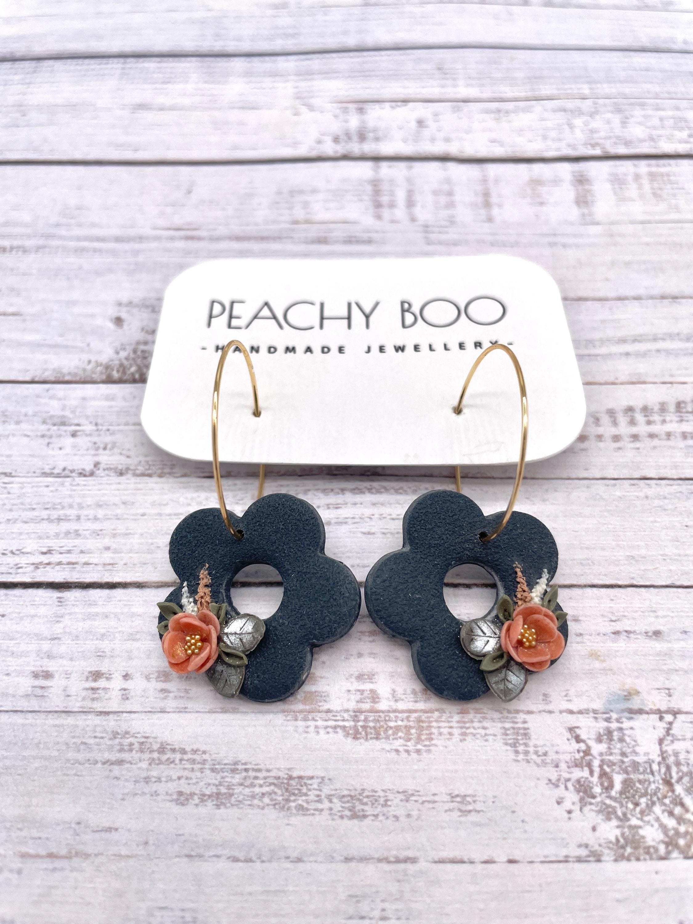 Handmade Navy Flower Earrings: Gold Plated Hoop, Polymer Clay - Thumbnail 2