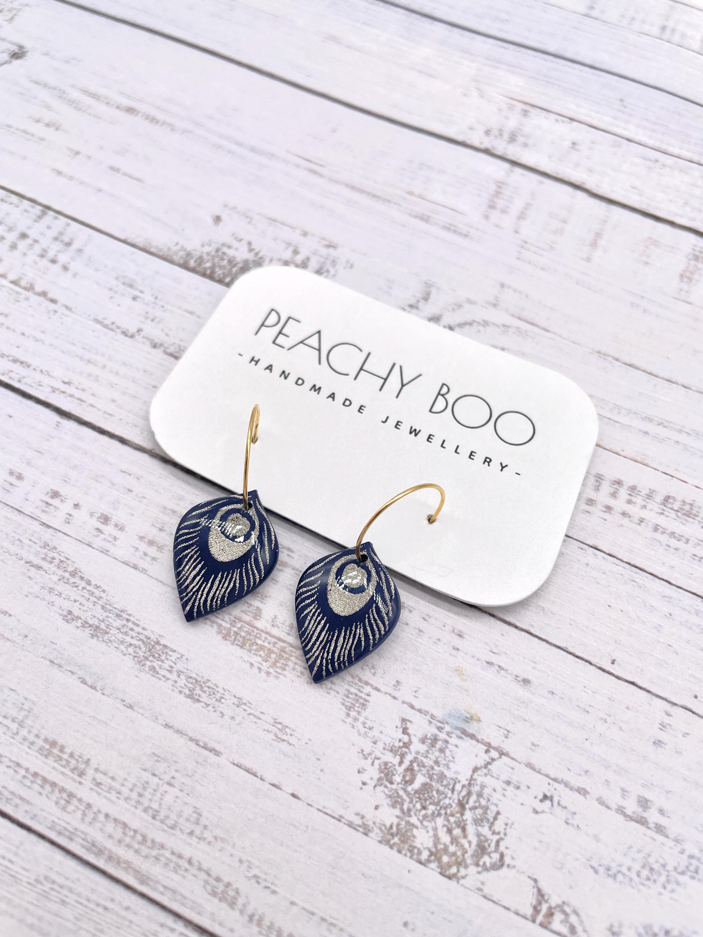 Handmade Peacock Hoop Earrings: Navy Blue Polymer Clay Jewellery