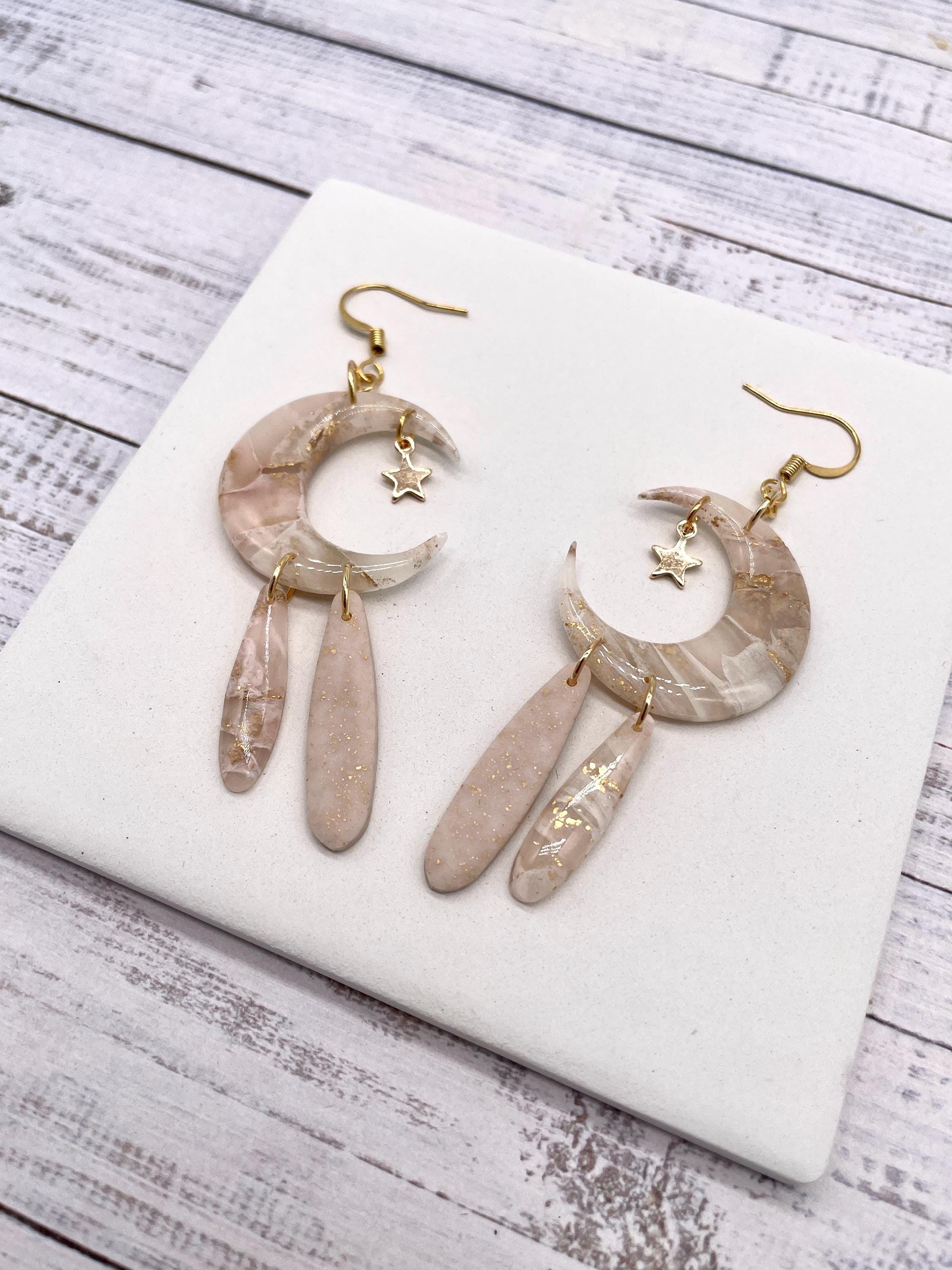 Handmade Moon and Star Polymer Clay Earrings: Cream and Gold Celestial Jewellery