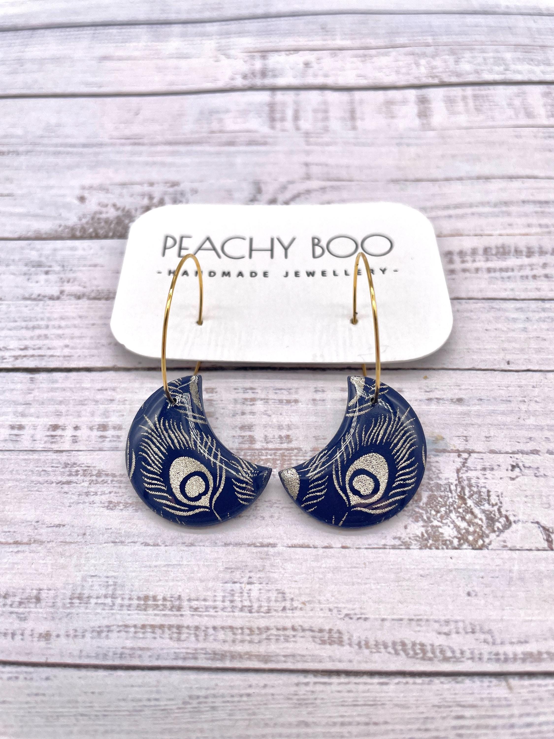 Handmade Navy Blue Polymer Clay Hoop Earrings: Gold Peacock Moon Design