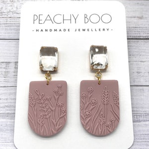 Pink Floral Polymer Clay Earrings: Crystal Dangle Statement Jewellery