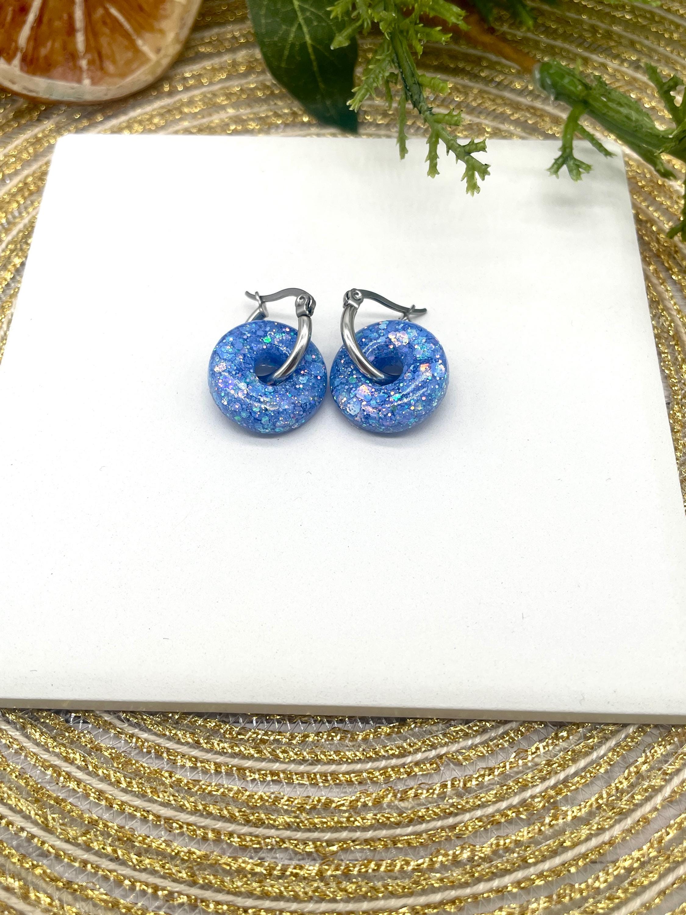 Resin Doughnut Hoops in Blue Glitter - Thumbnail 3