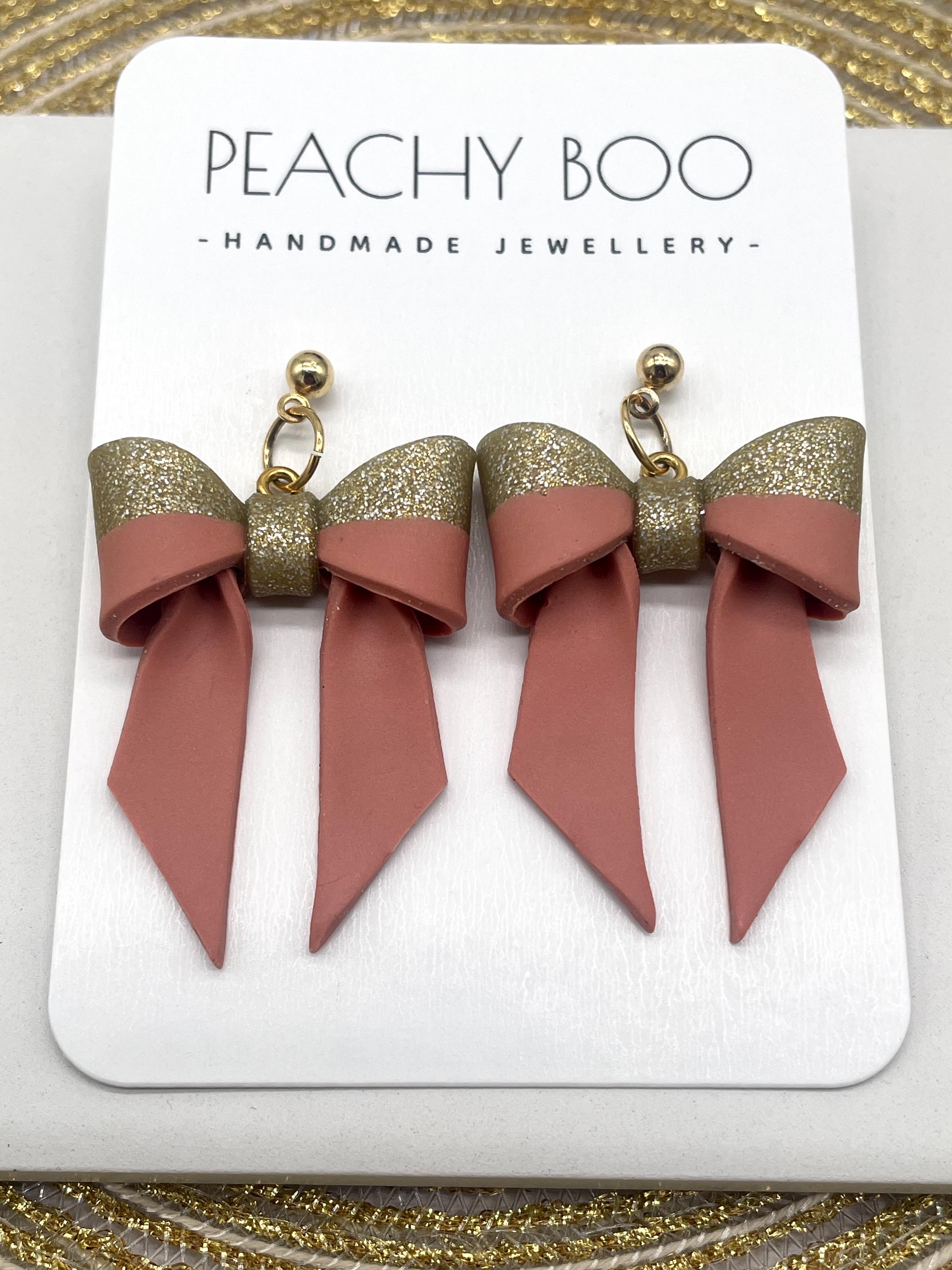 Bow Studs | Polymer Clay Statement Earrings | Pink and Gold Earrings | Handmade - Thumbnail 2