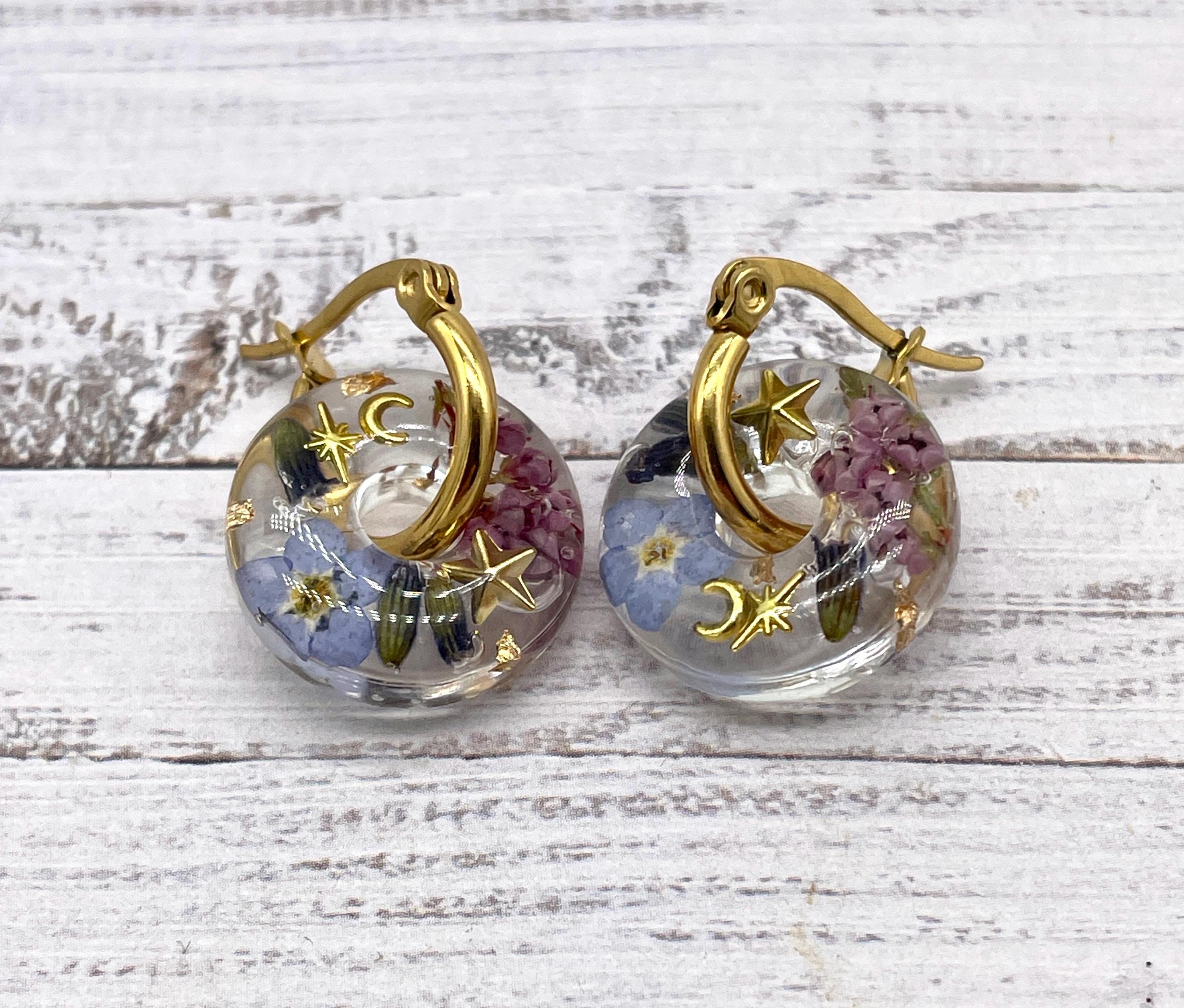 Real Dried Flower and Resin Doughnut Hoops: Purple and Gold - Thumbnail 2