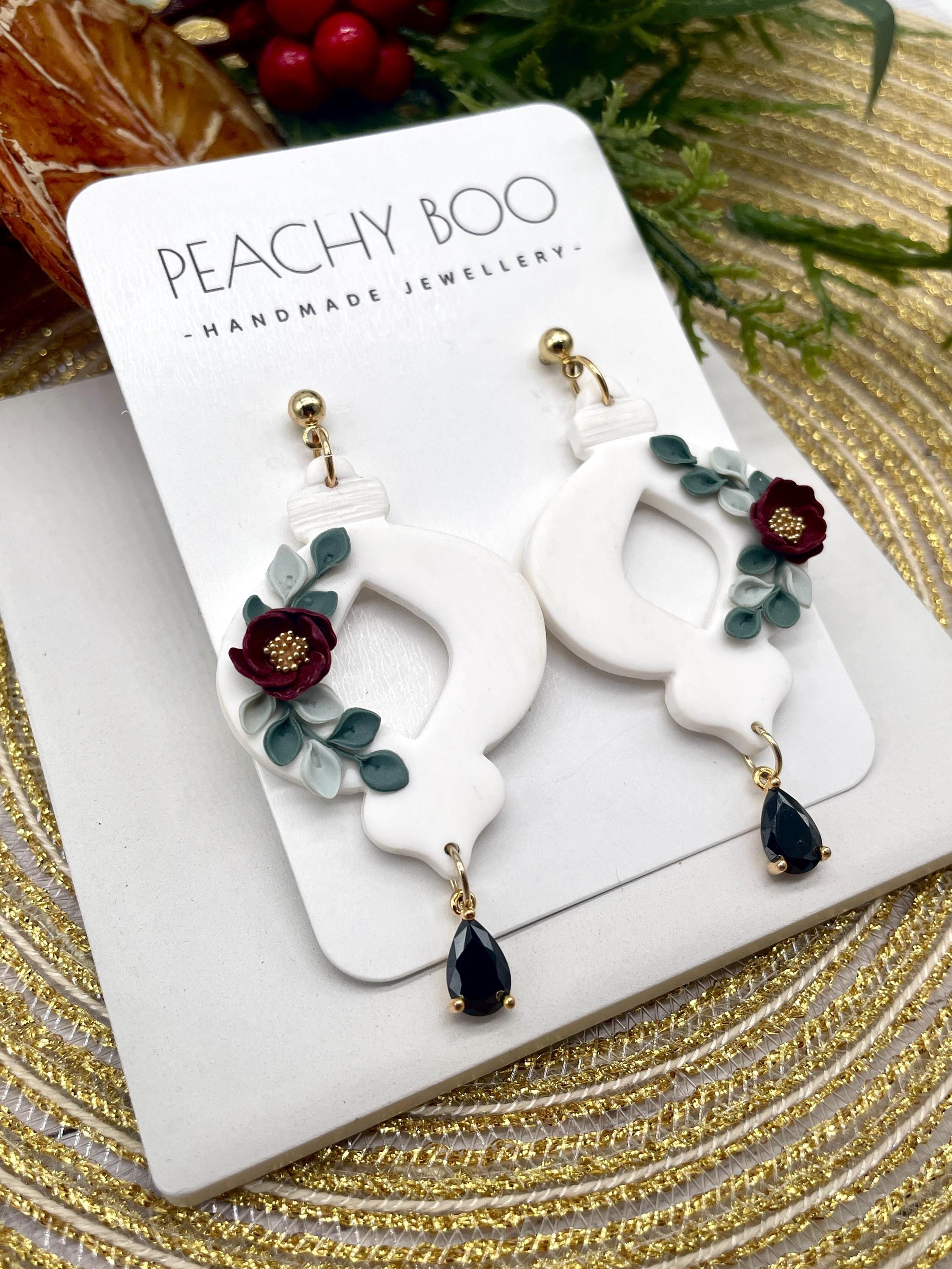 Bauble Polymer Clay Earrings| Statement Polymer Clay Earrings | White, Red and Gold Earrings | Handmade - Thumbnail 3