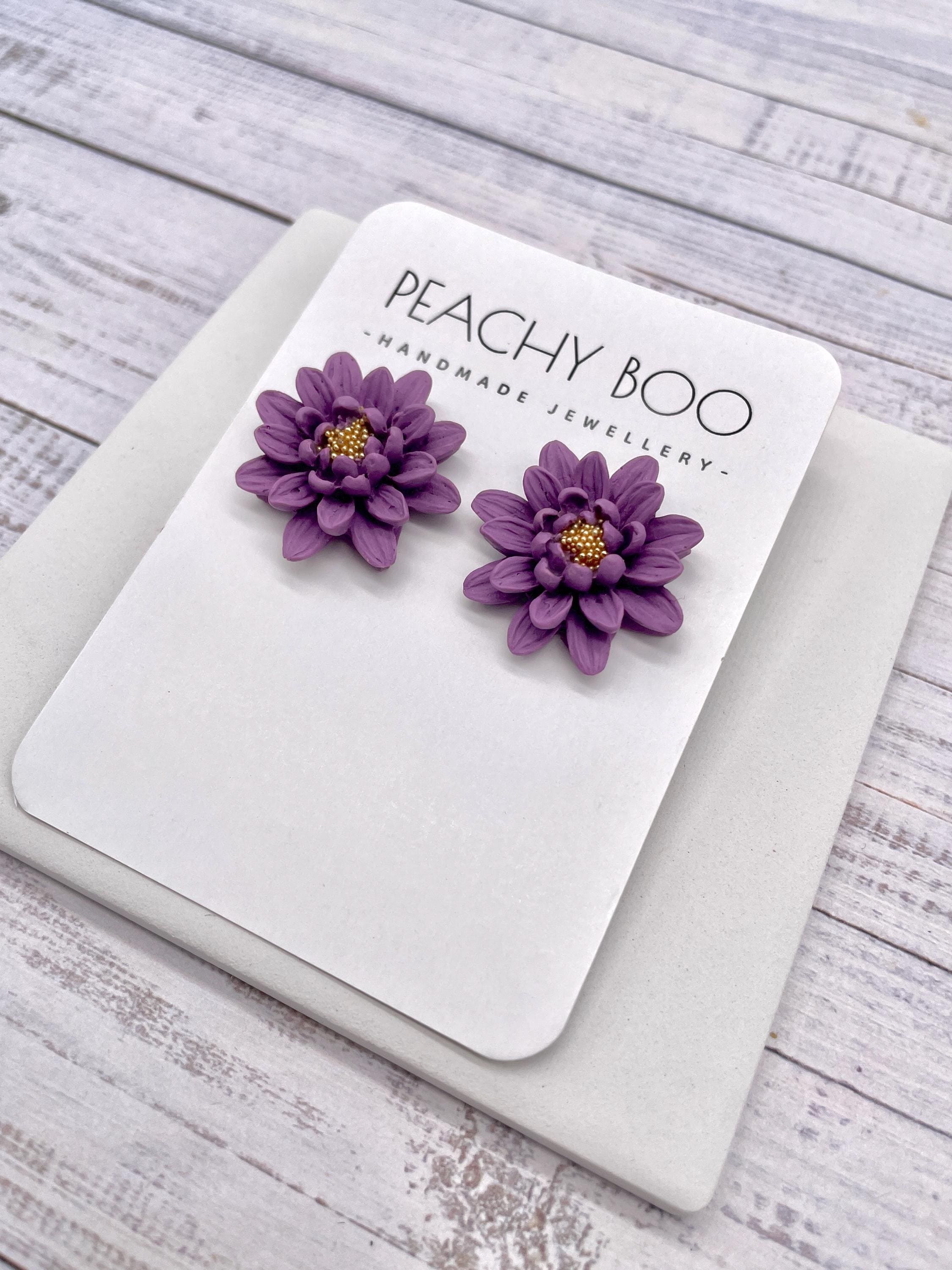 Handmade Purple Flower Stud Earrings: Polymer Clay Jewellery - Thumbnail 3