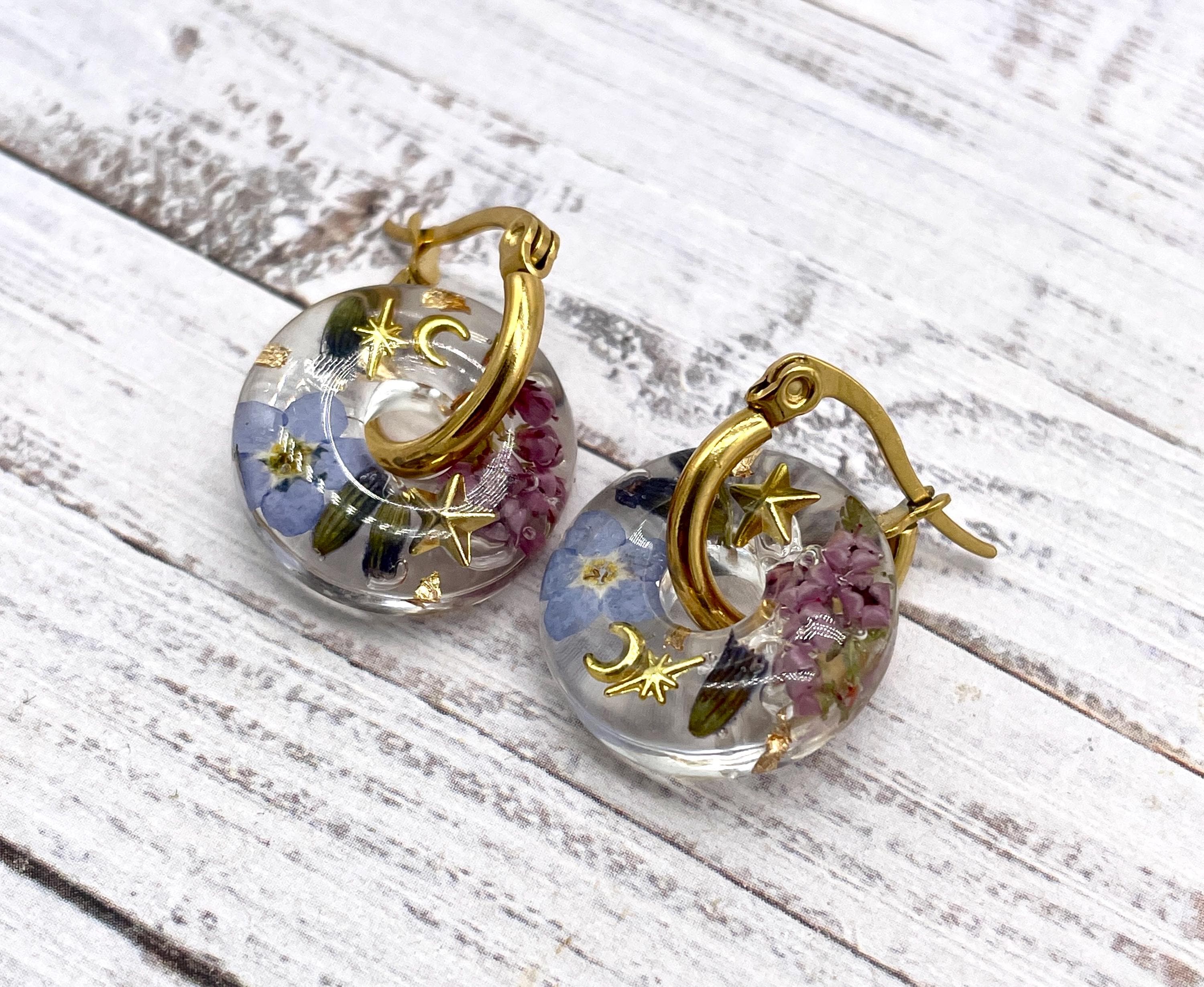 Real Dried Flower and Resin Doughnut Hoops: Purple and Gold