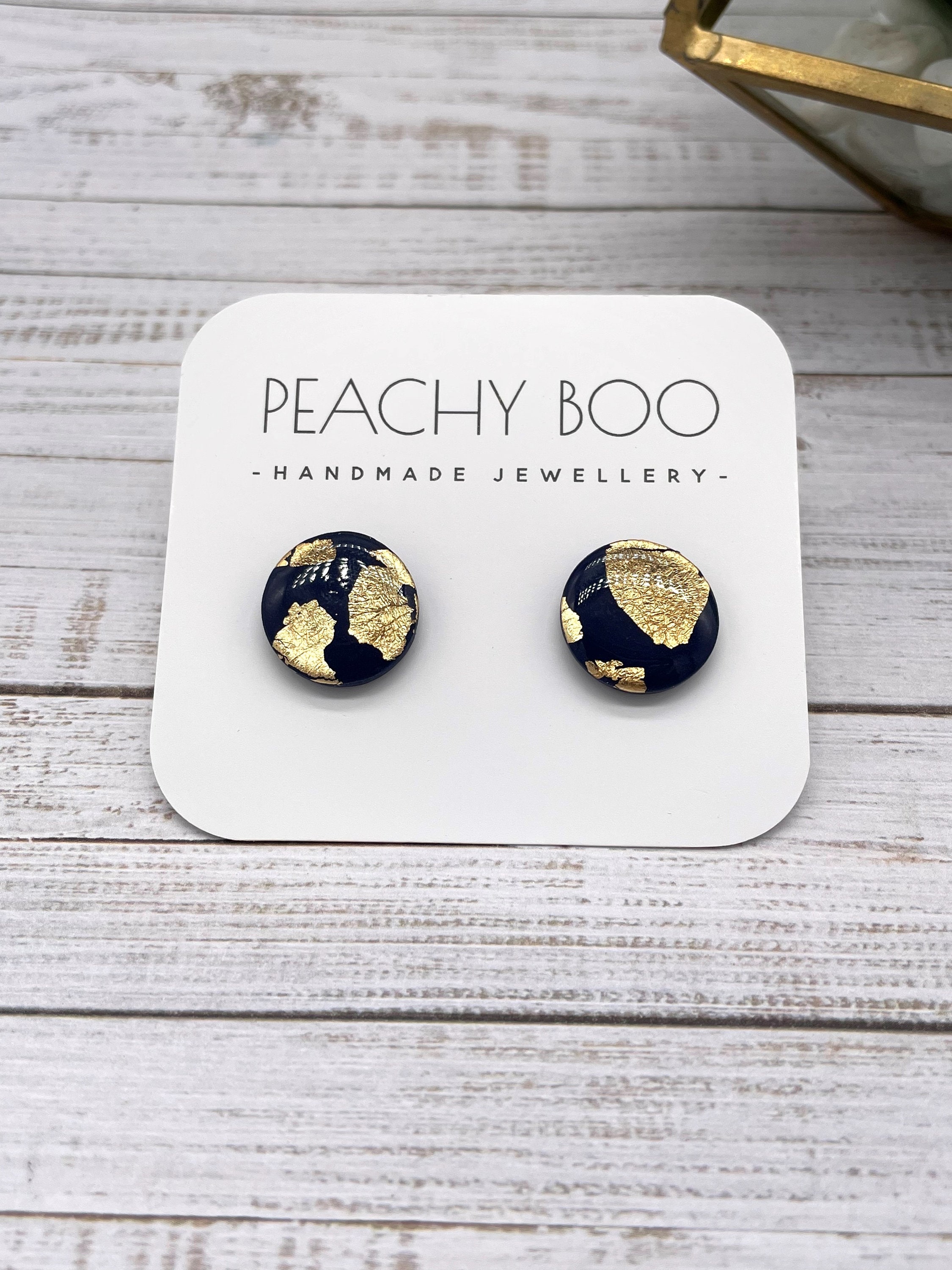Circle Stud Earrings | Polymer Clay Statement Earrings | Navy Blue and Gold Foil Earrings | Handmade - Thumbnail 2