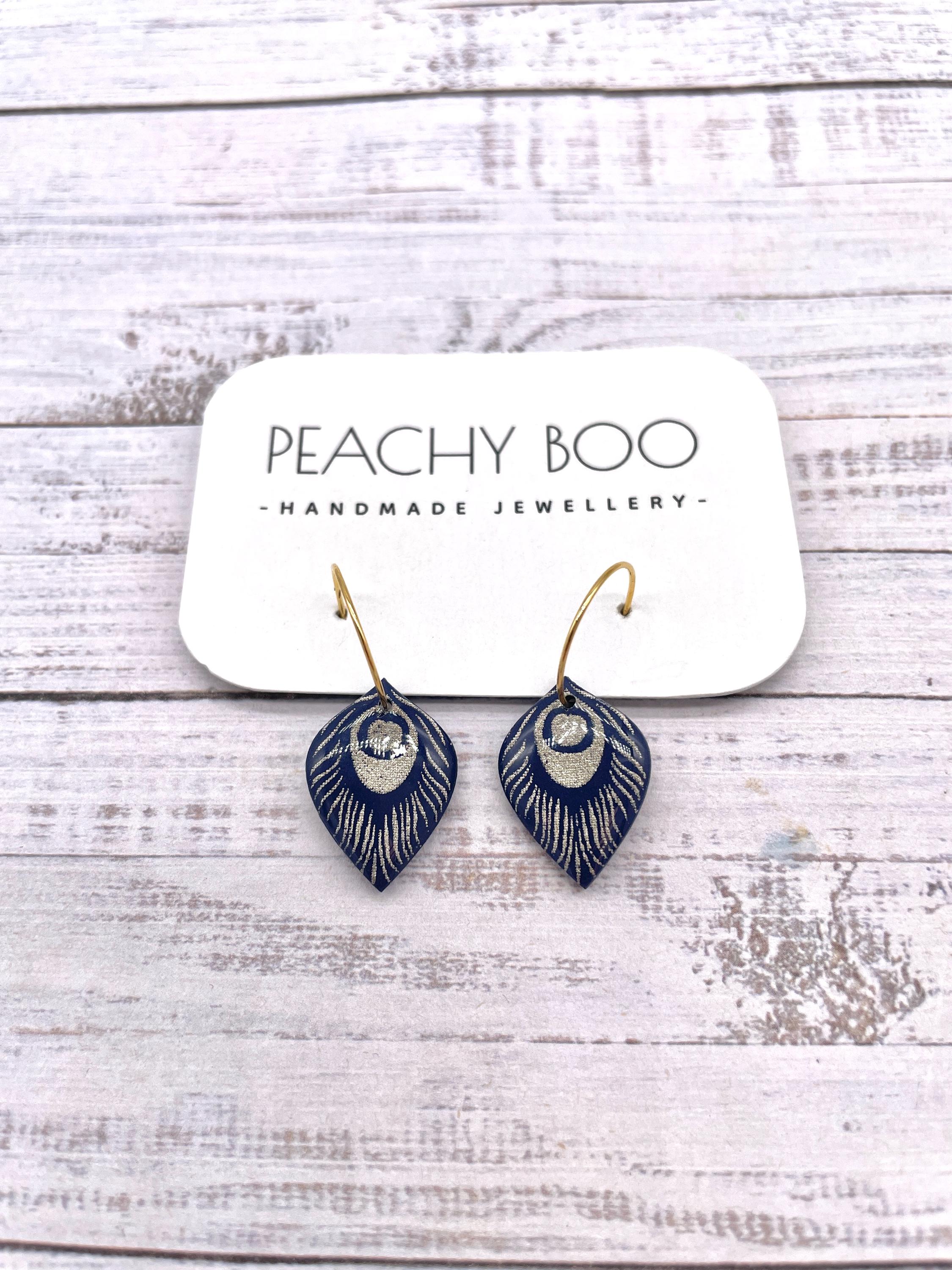 Handmade Peacock Hoop Earrings: Navy Blue Polymer Clay Jewellery - Thumbnail 3