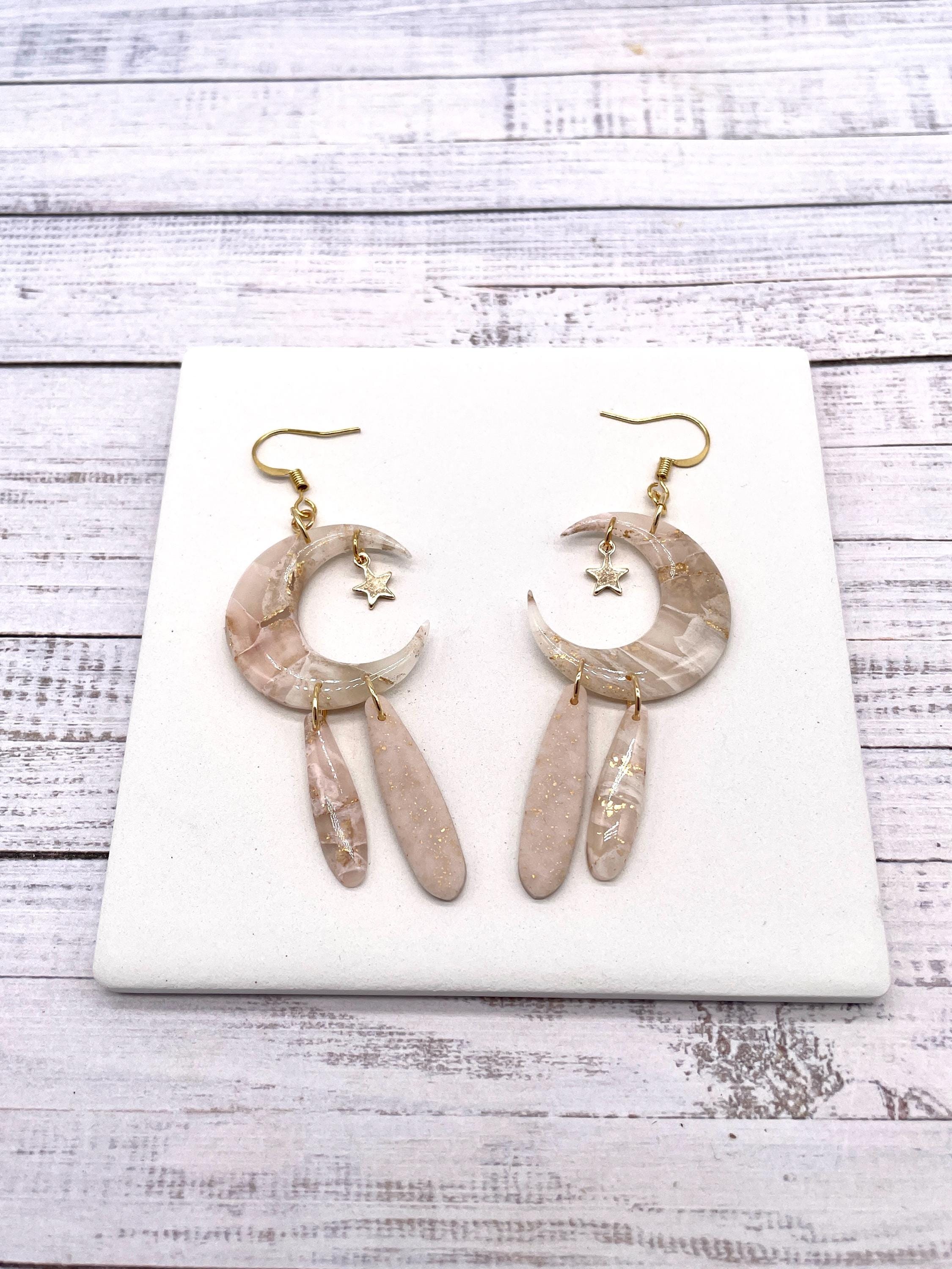 Handmade Moon and Star Polymer Clay Earrings: Cream and Gold Celestial Jewellery - Thumbnail 3