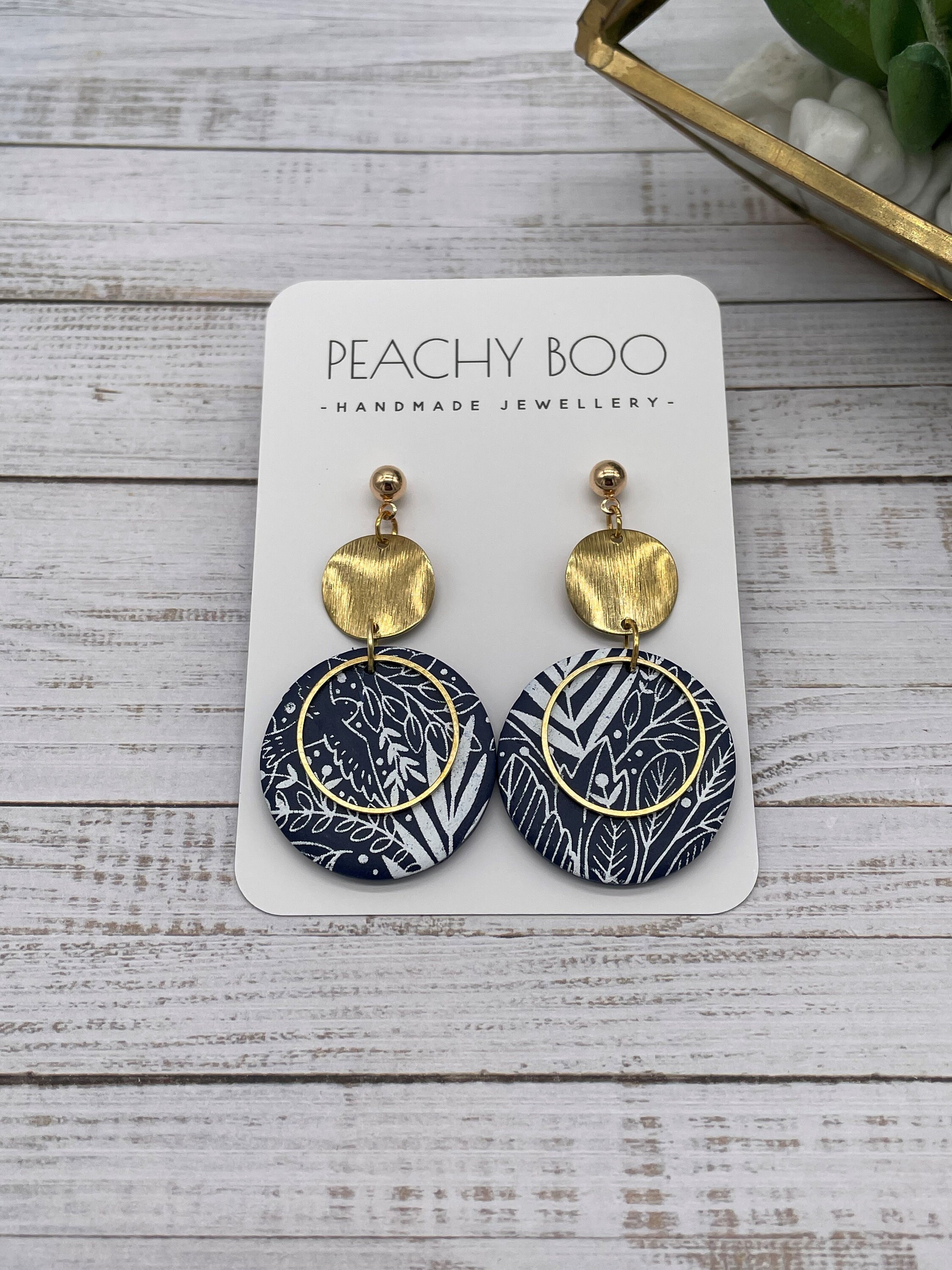 Floral Polymer Clay Dangle Earrings: Navy and White Statement Jewellery - Thumbnail 3