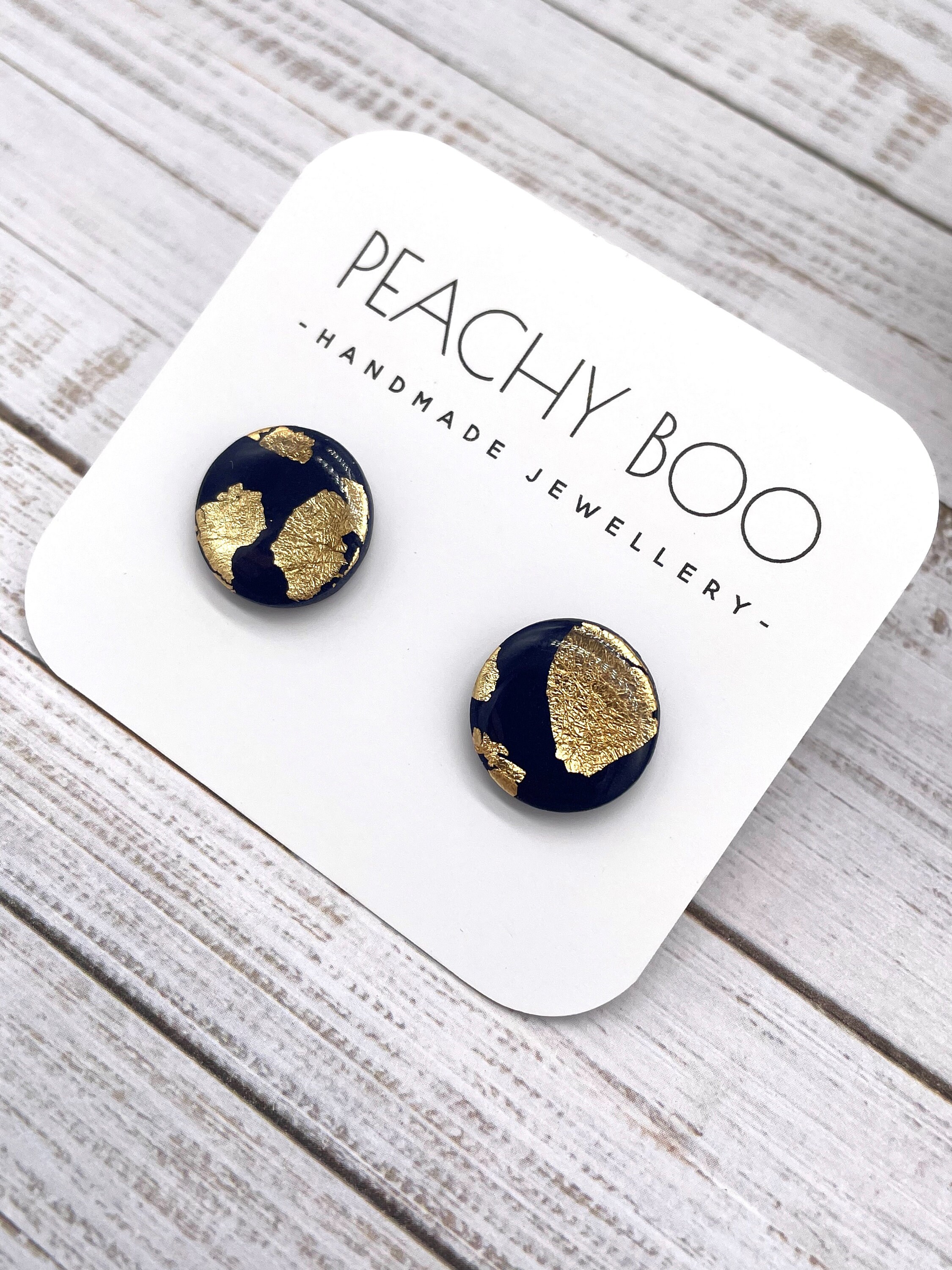 Circle Stud Earrings | Polymer Clay Statement Earrings | Navy Blue and Gold Foil Earrings | Handmade