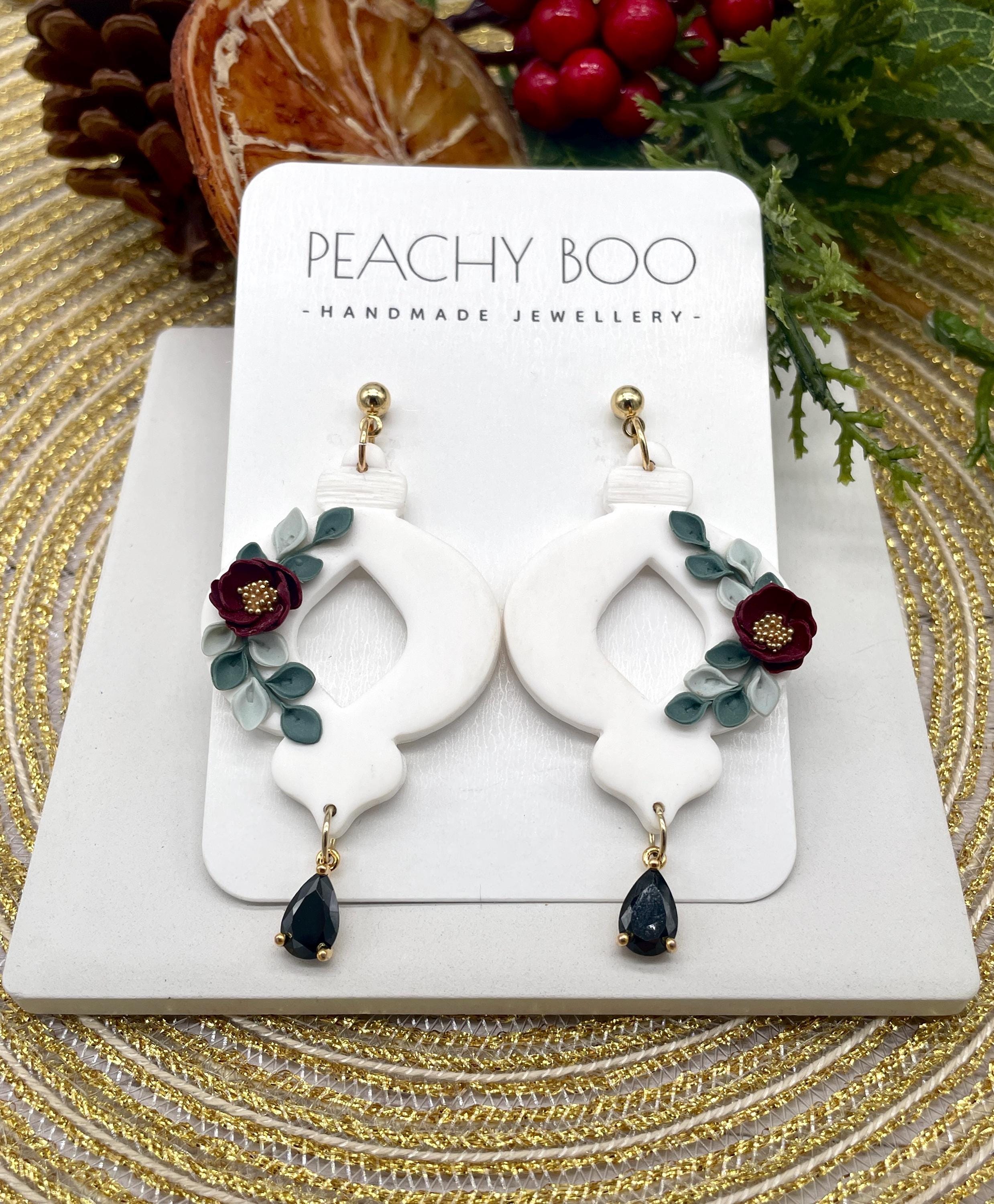 Bauble Polymer Clay Earrings| Statement Polymer Clay Earrings | White, Red and Gold Earrings | Handmade - Thumbnail 2