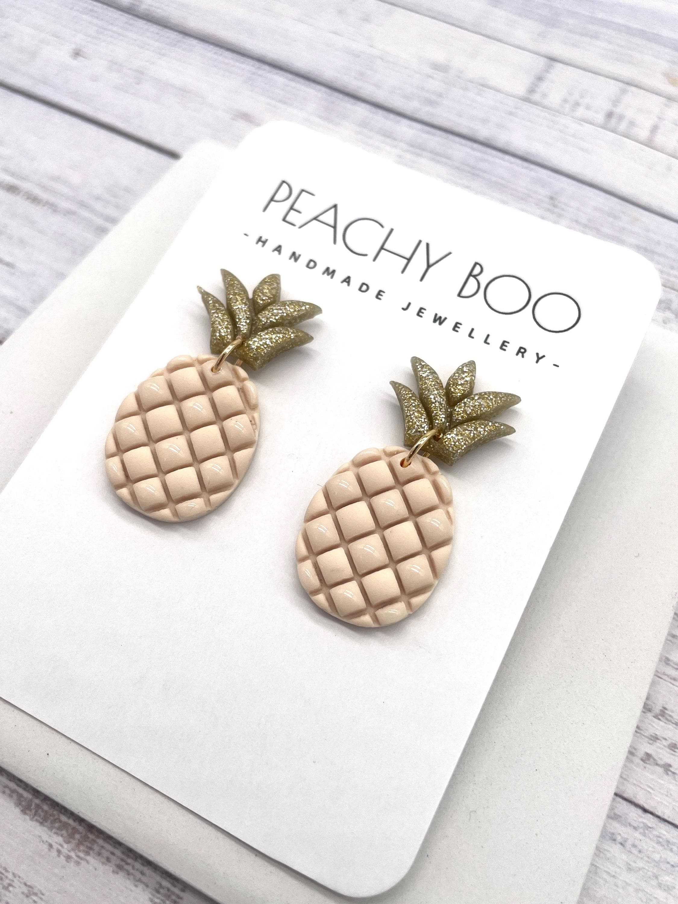 Handmade Pineapple Polymer Clay Stud Earrings: Beige & Gold