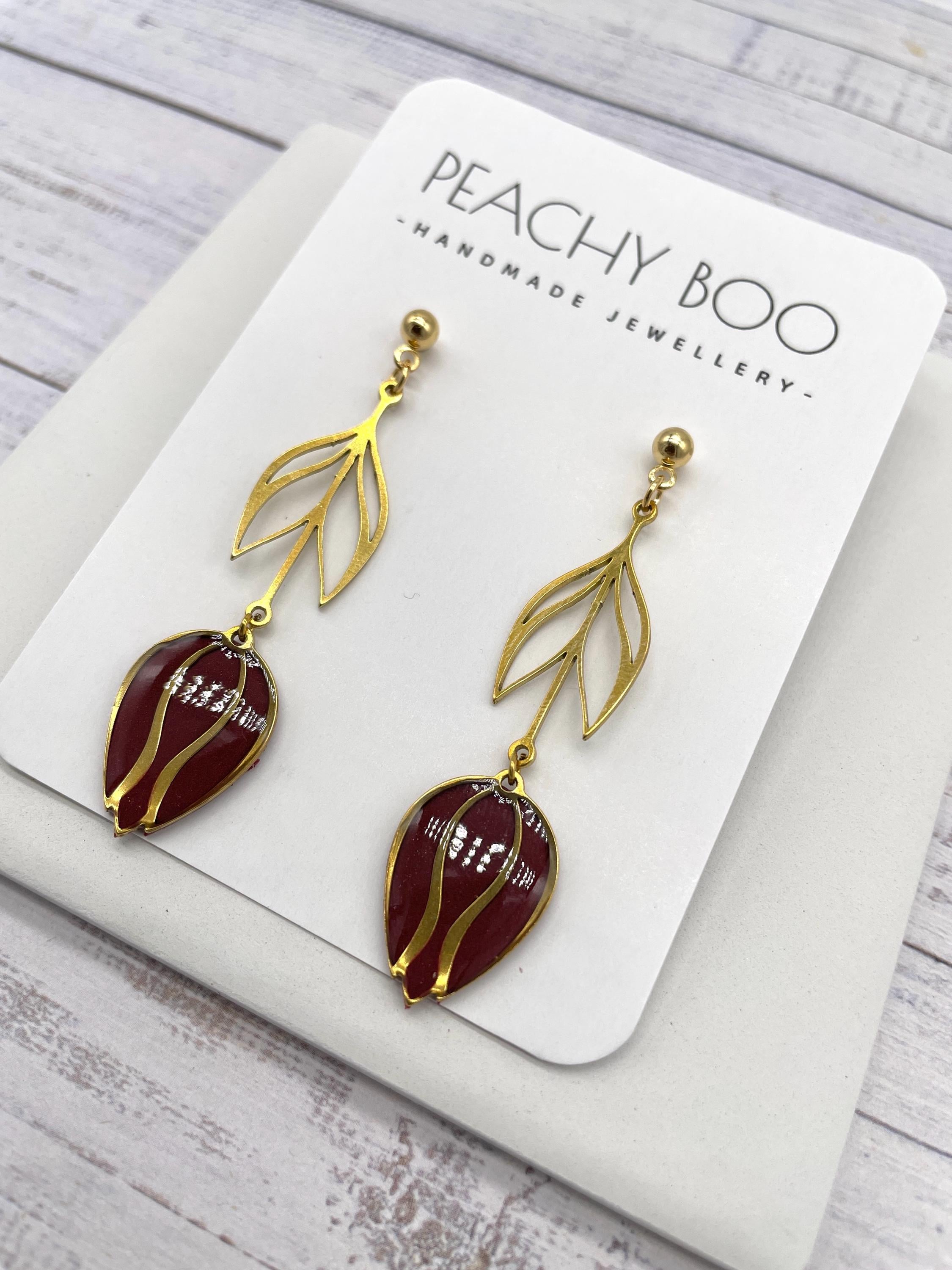 Art Deco Tulip Earrings: Red & Gold Polymer Clay, Handmade