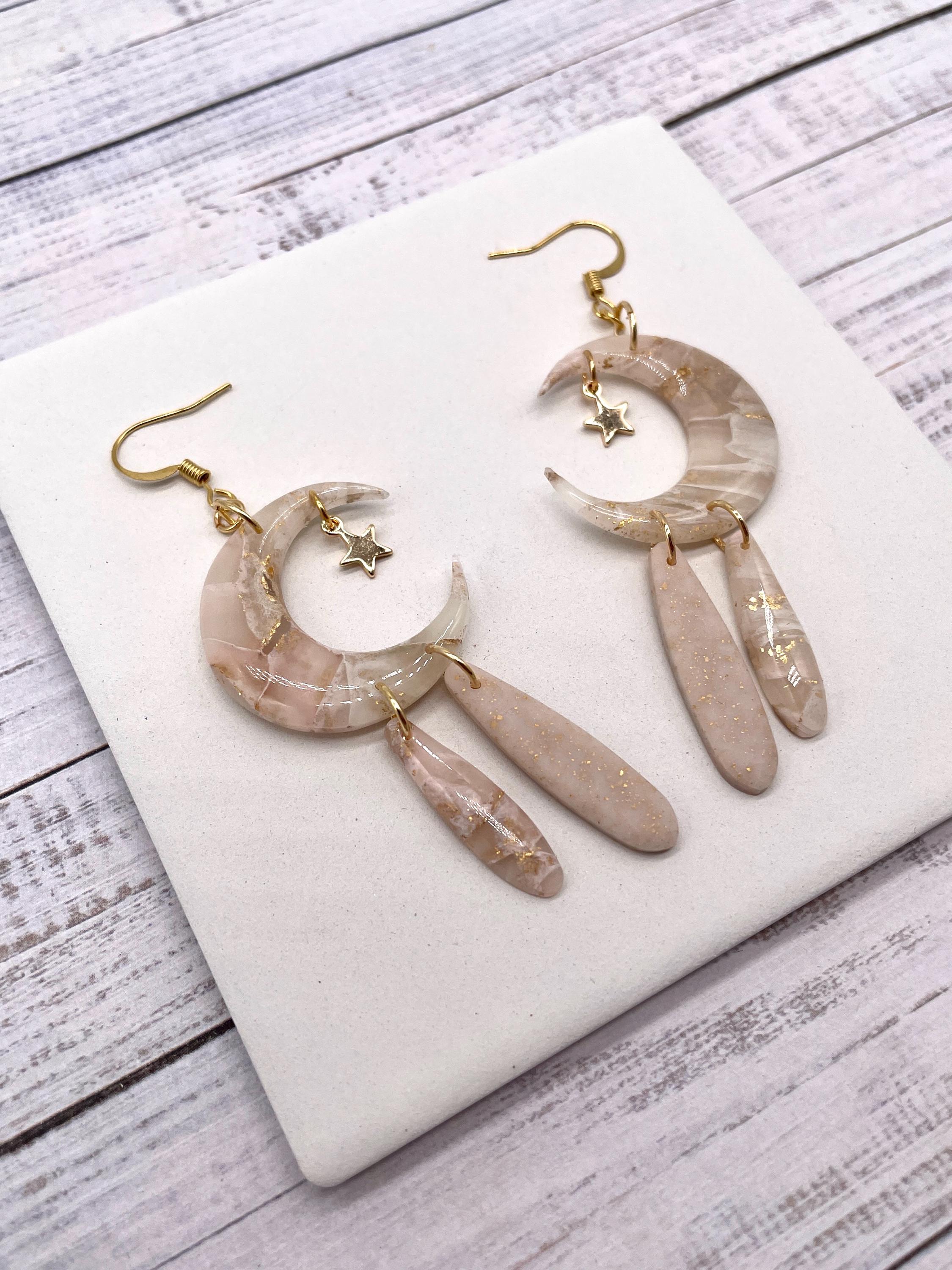 Handmade Moon and Star Polymer Clay Earrings: Cream and Gold Celestial Jewellery - Thumbnail 2