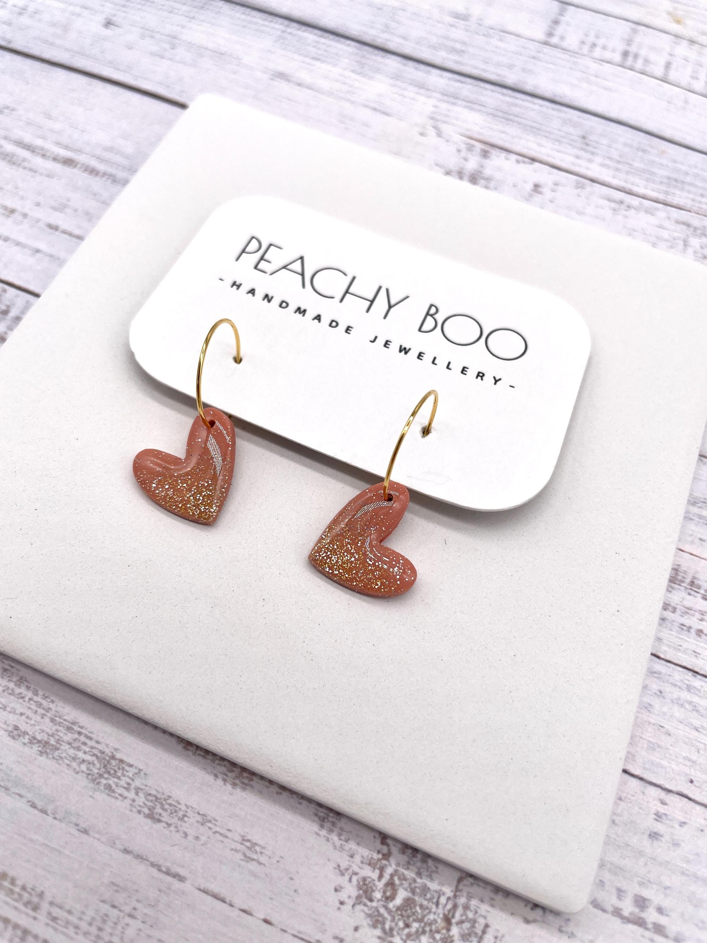 Heart Mini Hoops | Polymer Clay Statement Earrings | Pink and Gold Earrings | Handmade - Thumbnail 2